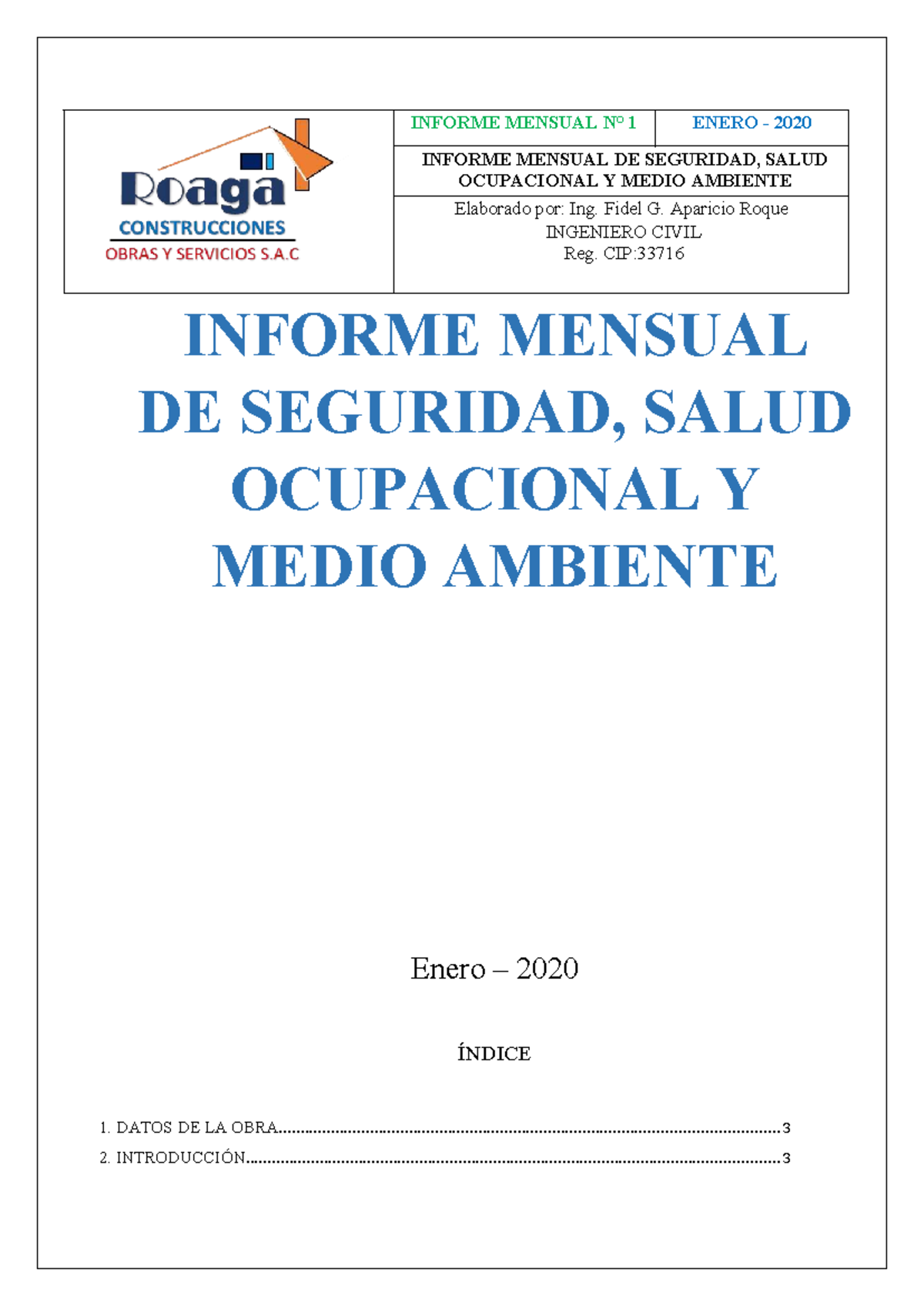 Informe Mensual de Seguridad y Salud Ocupacional - Enero 2020 - Studocu