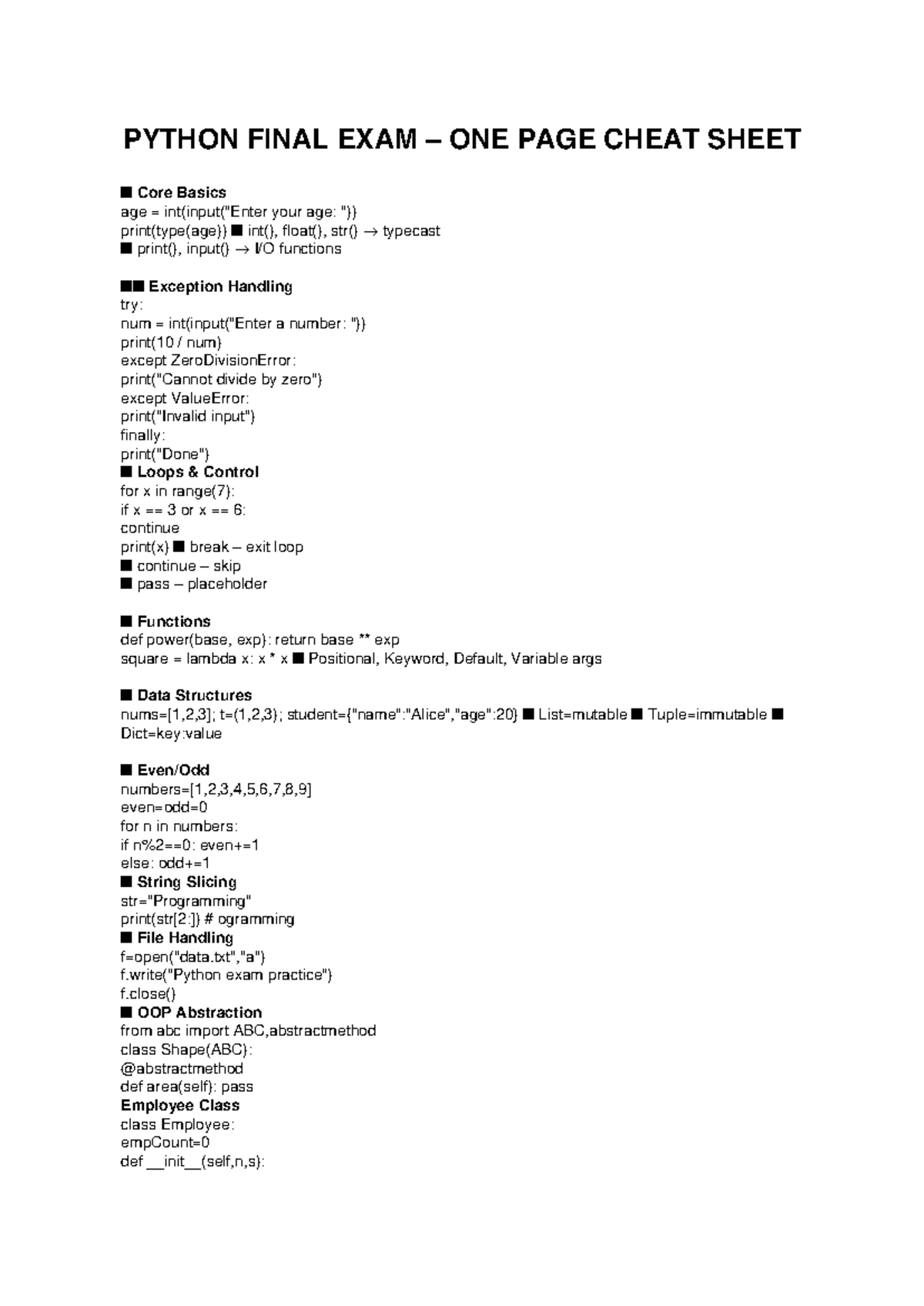PYTHON 101 FINAL EXAM ONE PAGE CHEAT SHEET - Studocu