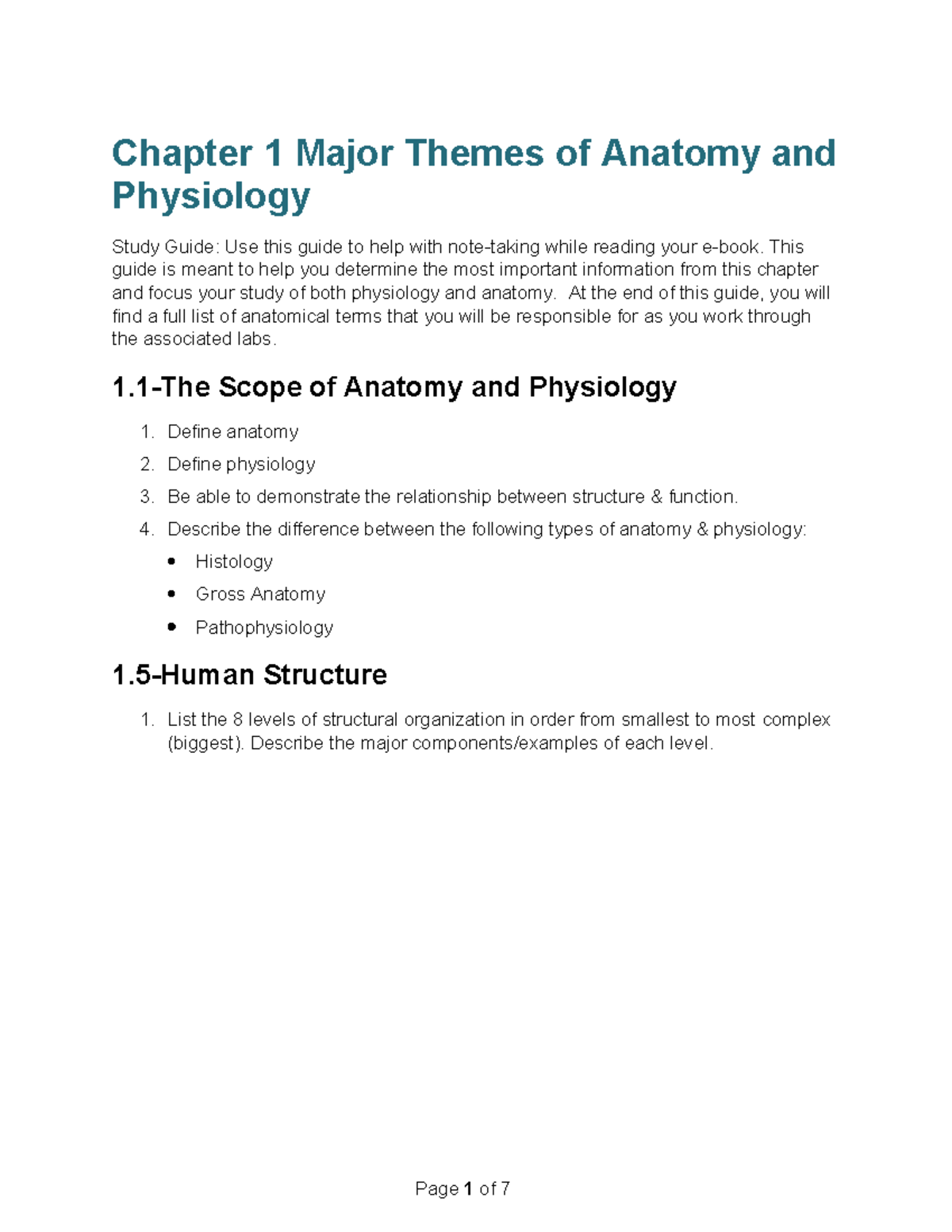 Chapter 1 Study Guide: Major Themes in Anatomy & Physiology (BIO101 ...