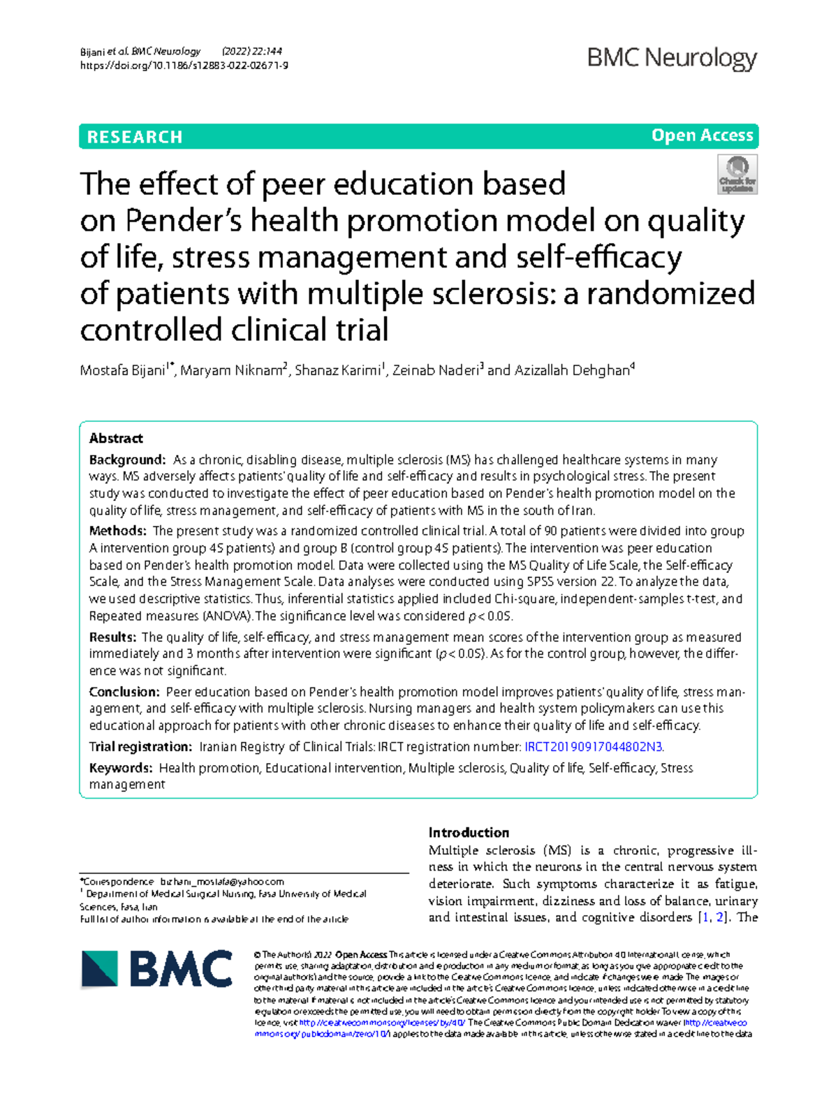 Peer Education Impact on Quality of Life & Stress in MS Patients: A RCT ...
