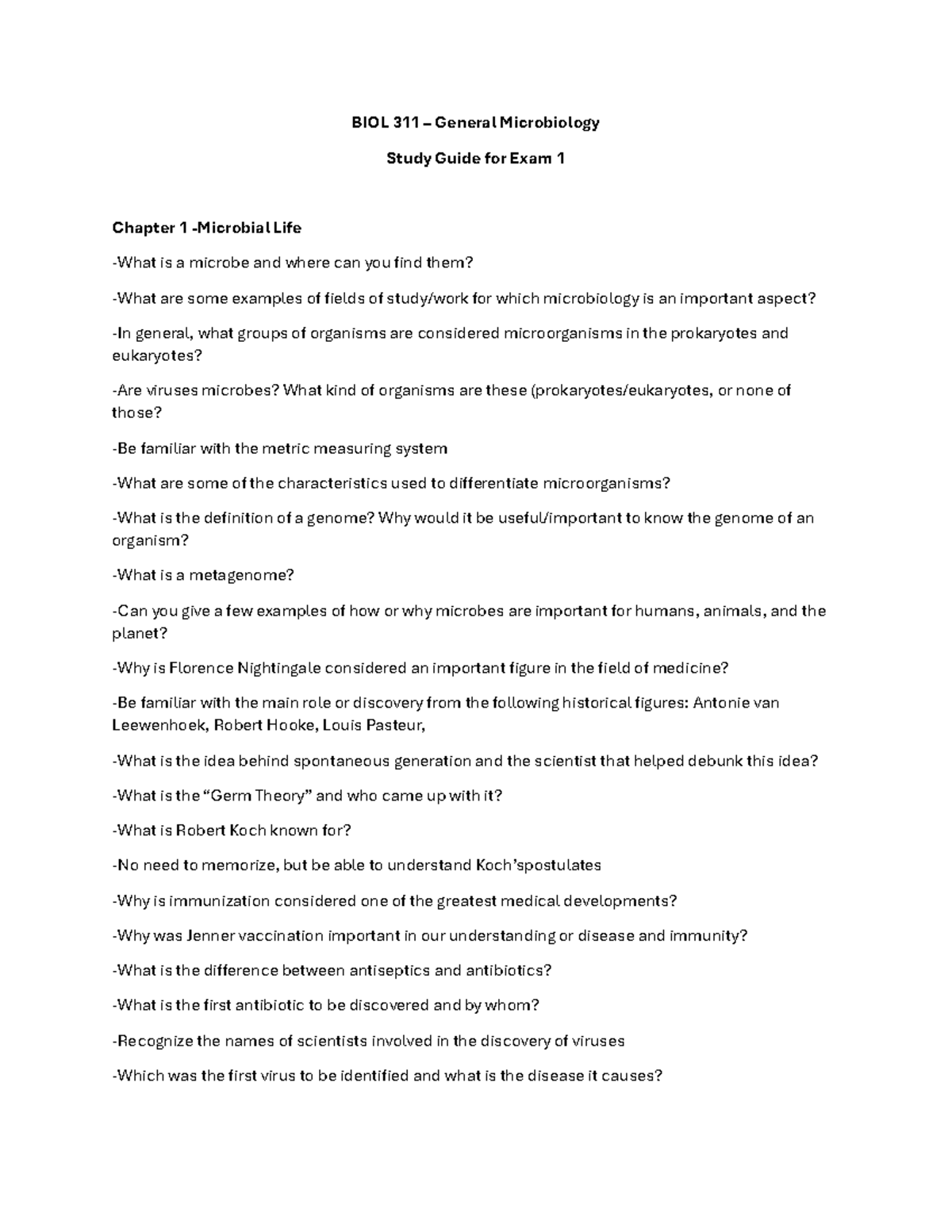 BIOL 311 – General Microbiology Study Guide for Exam 1 Summary - Studocu