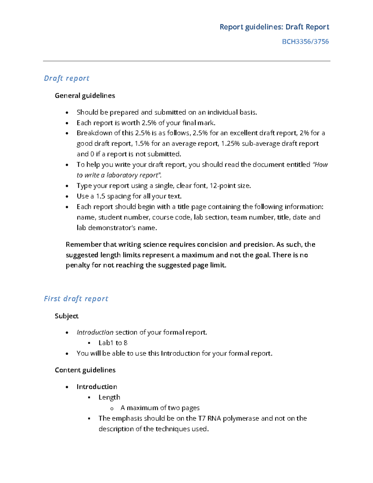 Draft Report Guidelines for Lab Reports (Course Code: LAB101) - Studocu
