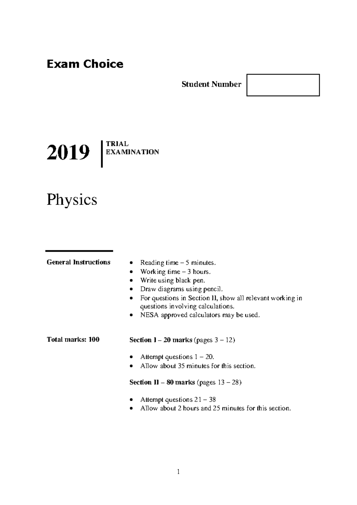 2019 Physics Trial Exam Choice Instructions and Questions - Studocu