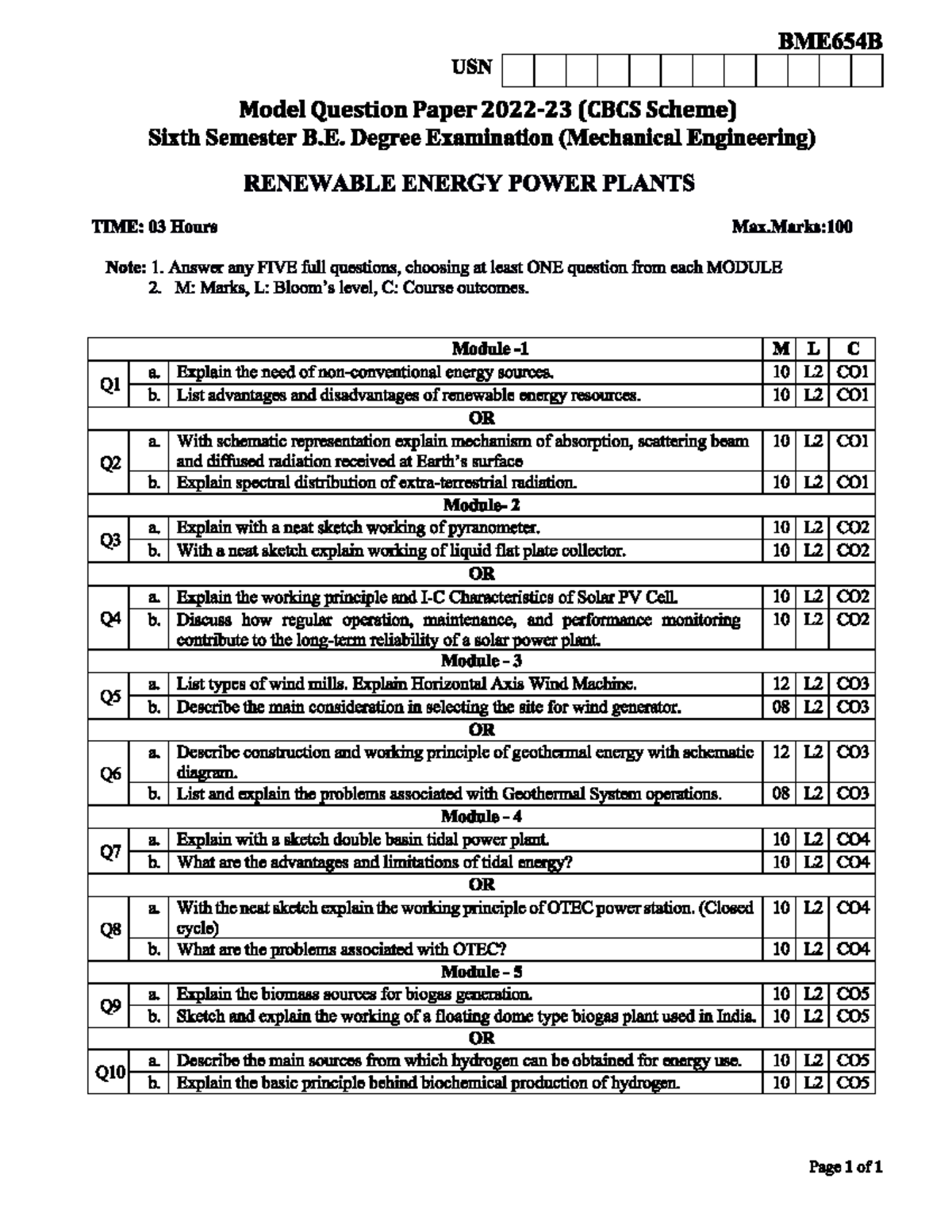 BME654B Renewable Energy Power Plants Model Question Paper - Studocu