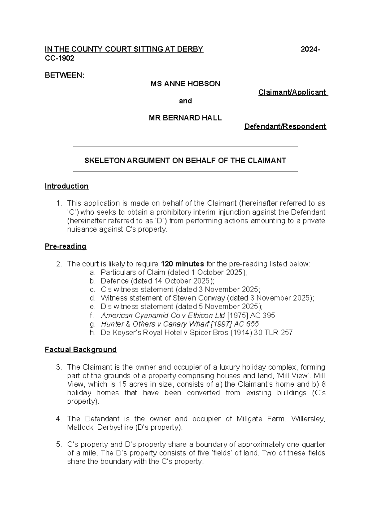 Skeleton Argument for Prohibitory Interim Injunction: Hobson v Hall ...