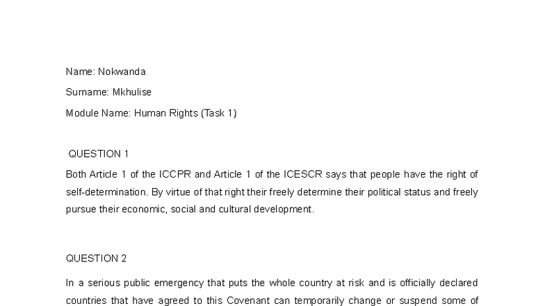 Human Rights (HR 101) Task 1: Key Concepts and Treaties Overview - Studocu