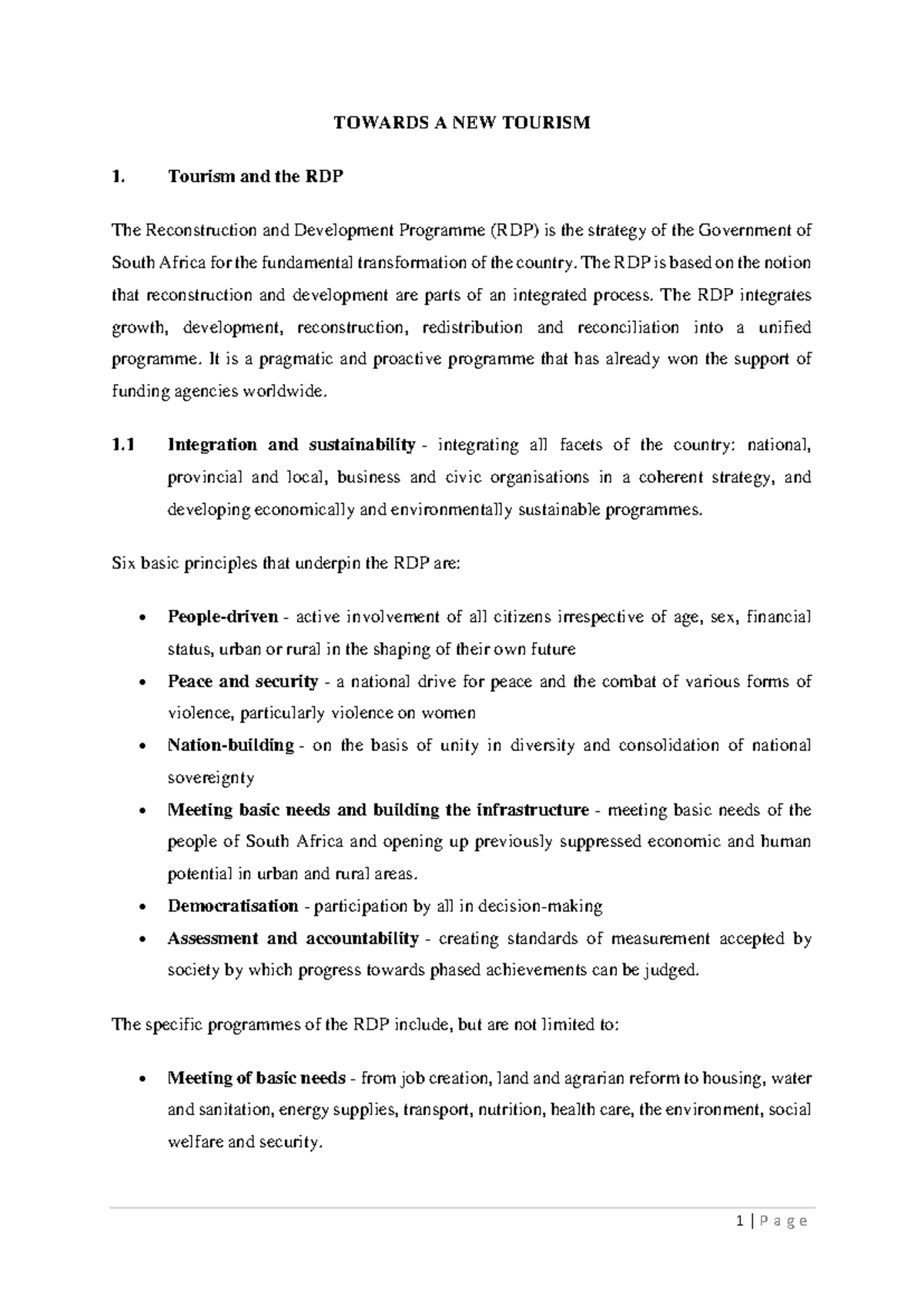 RDP and Tourism: A Pathway to Sustainable Development in SA - Studocu