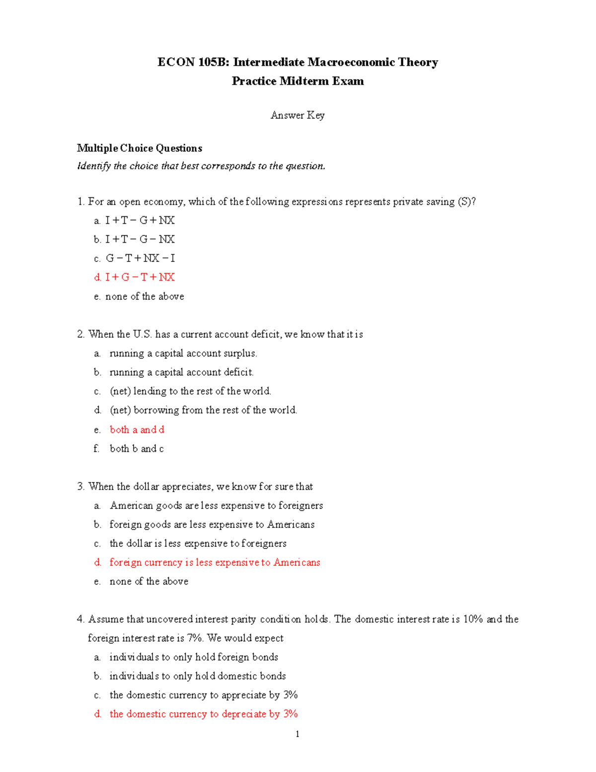 ECON 105B Midterm Practice Exam Answer Key & Solutions - Studocu