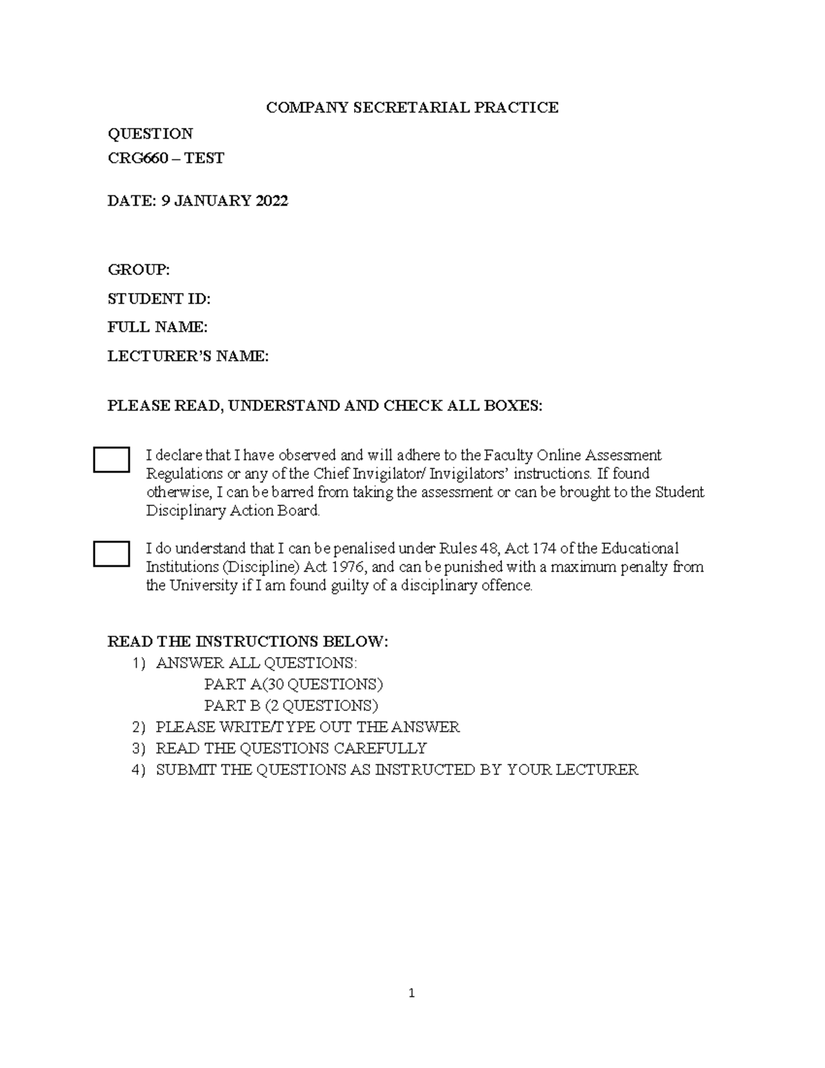 CRG660 Company Secretarial Practice Test - 9 January 2022 - Studocu