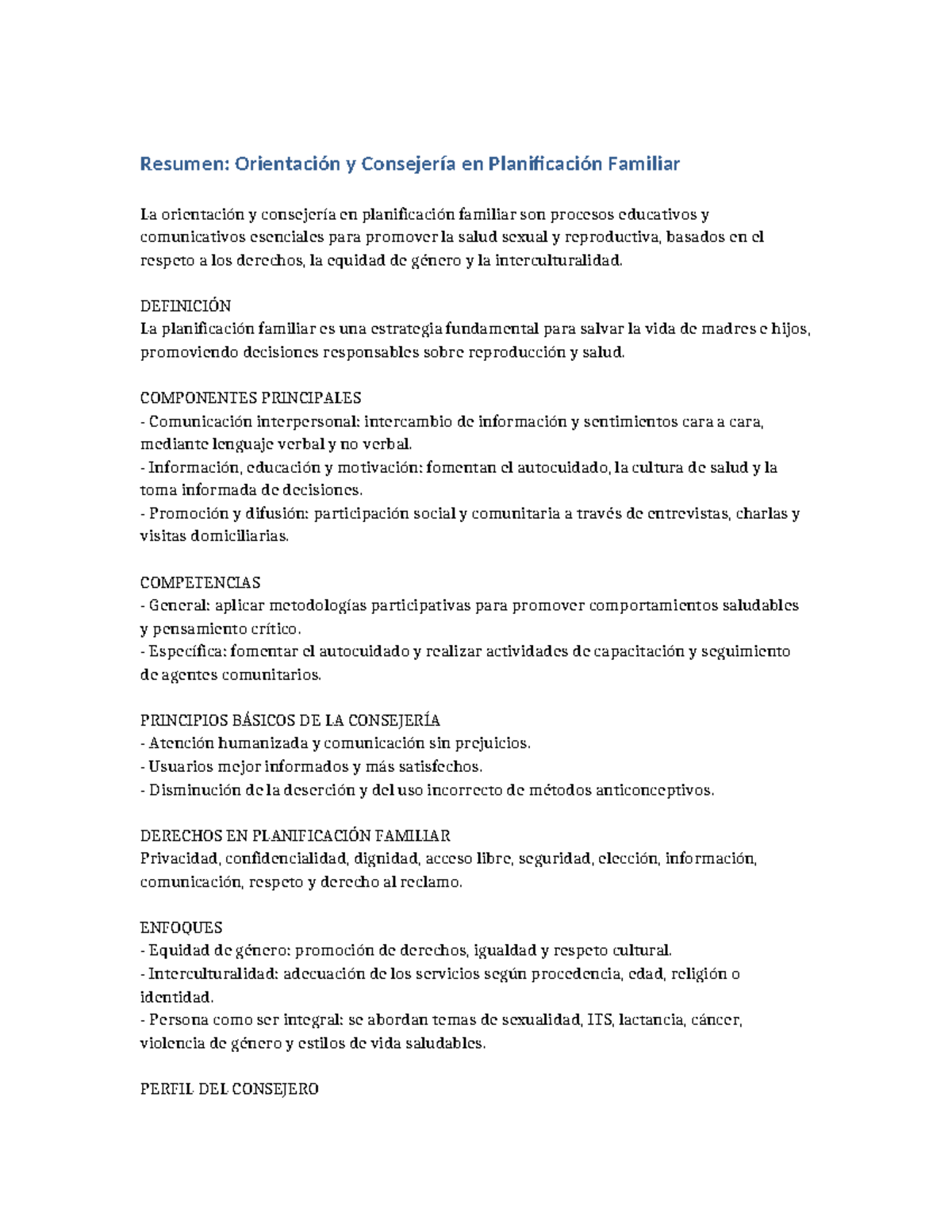 Resumen: Orientación y Consejería en Planificación Familiar (PF) - Studocu