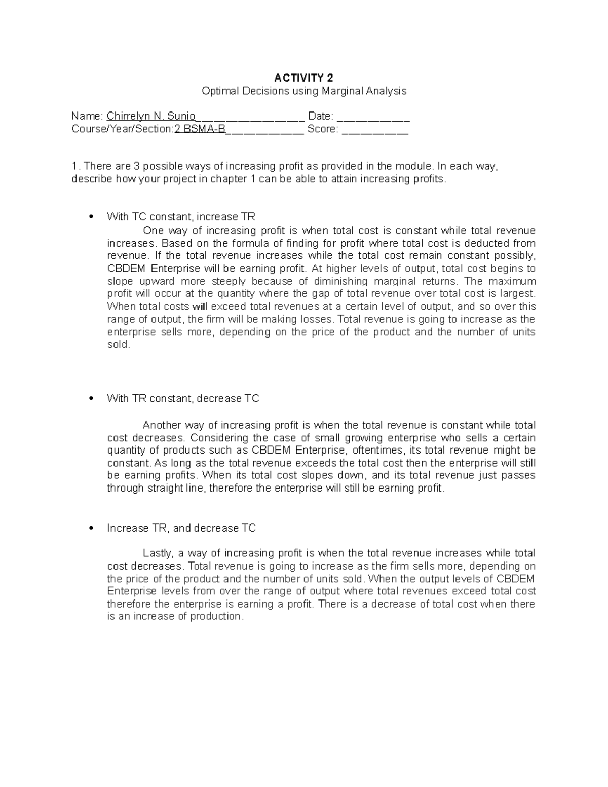 Activity 2#1 - Lecture Notes on Marginal Analysis and Profit ...