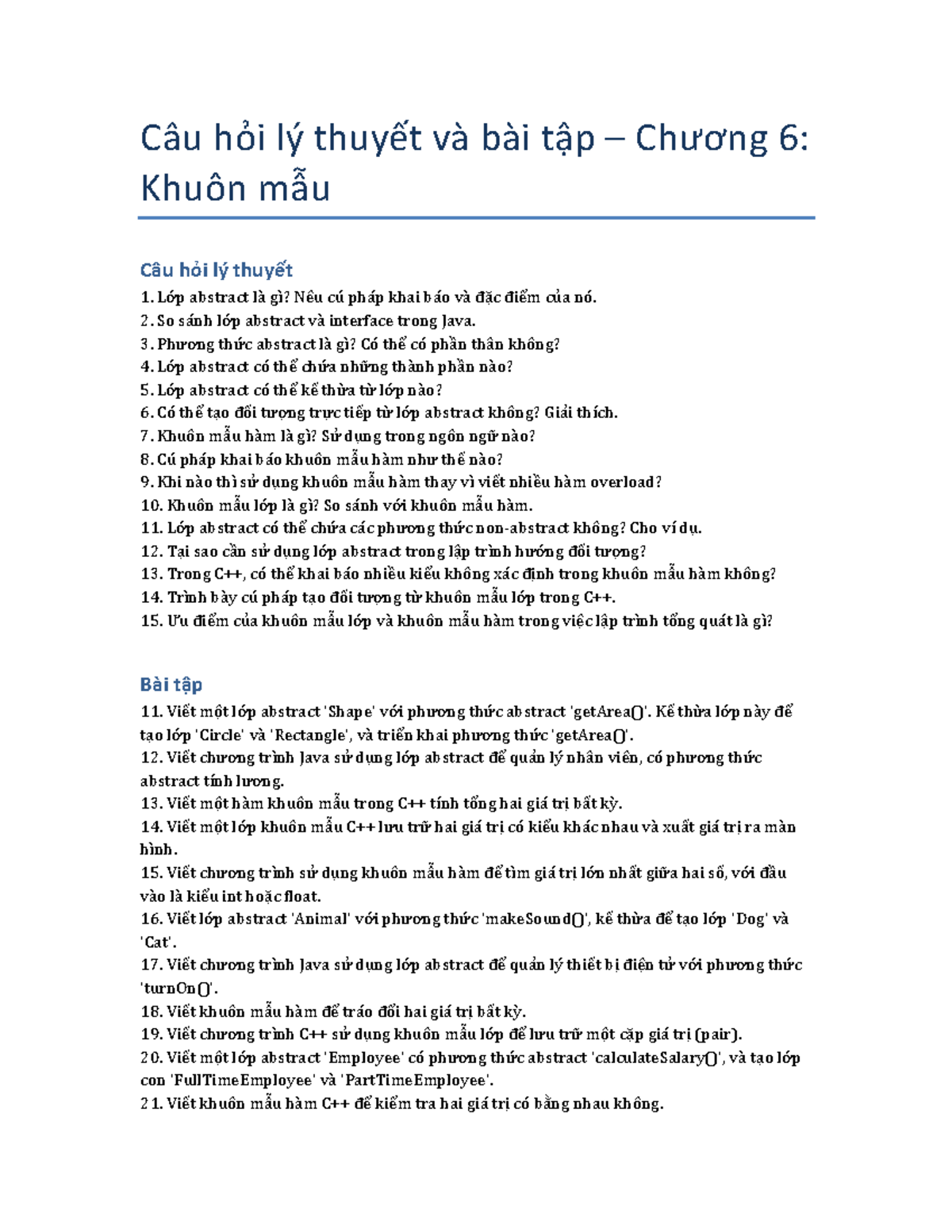 Câu hỏi lý thuyết và bài tập Chương 6: Khuôn mẫu trong Java - Studocu