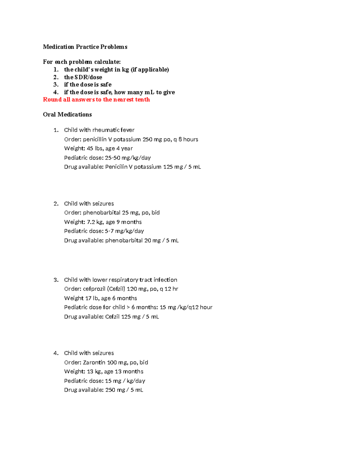 Peds Med Calc Practice Problems for Medication Dosage (1) - Studocu