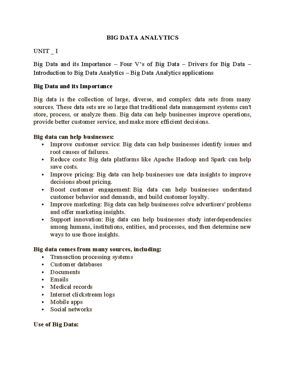 BIG DATA Analytics Unit I: Understanding Big Data & Its Drivers - Studocu