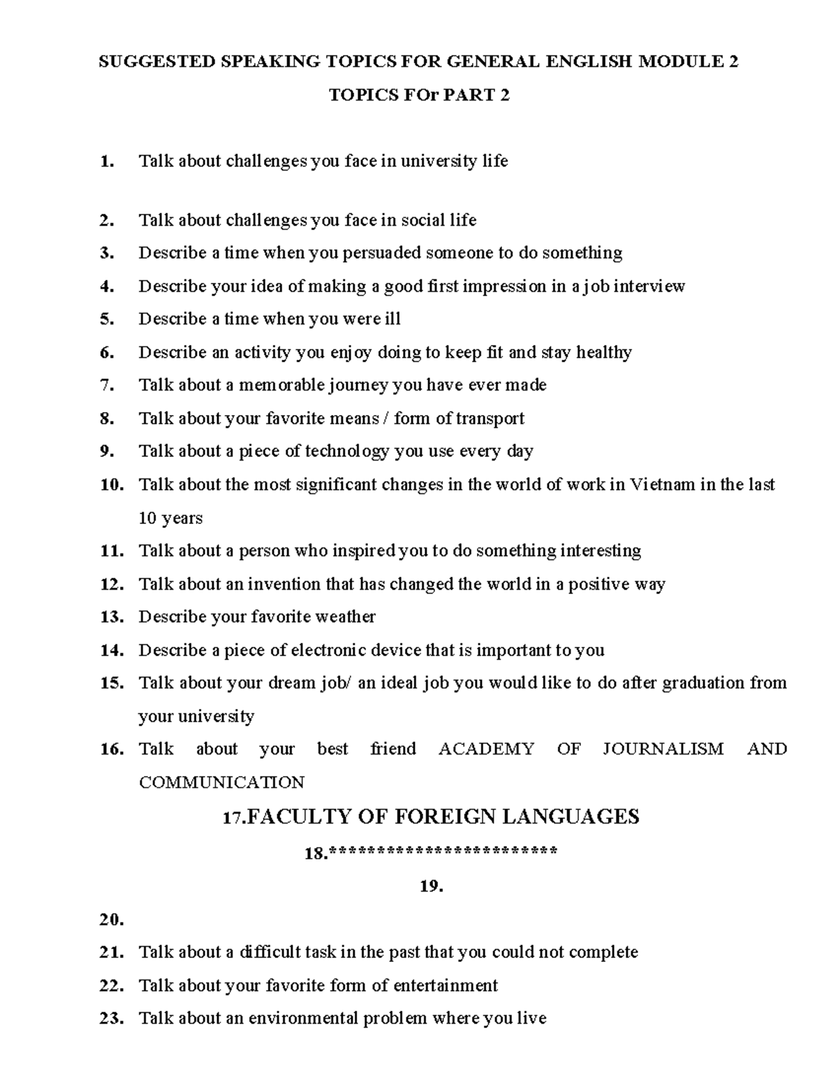 Suggested Speaking Topics for GE2: General English Module 2 - Studocu