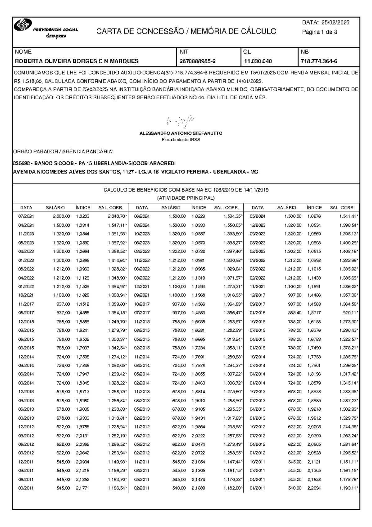 Carta de Concessão de Benefício: Auxílio-doença e Cálculo 1 - Studocu
