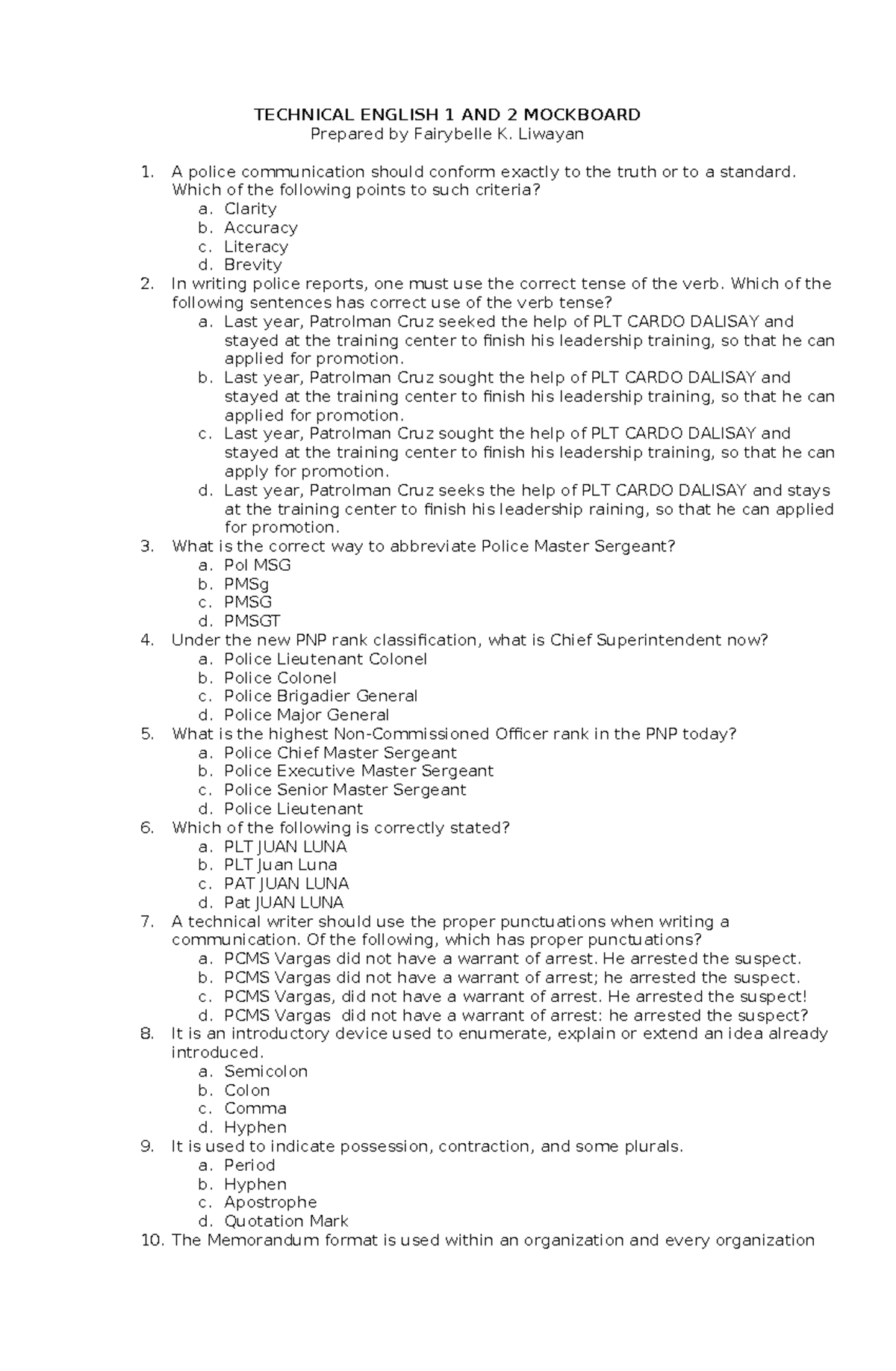 TECHNICAL ENGLISH 1 AND 2 MOCKBOARD REVIEW QUESTIONS - Studocu