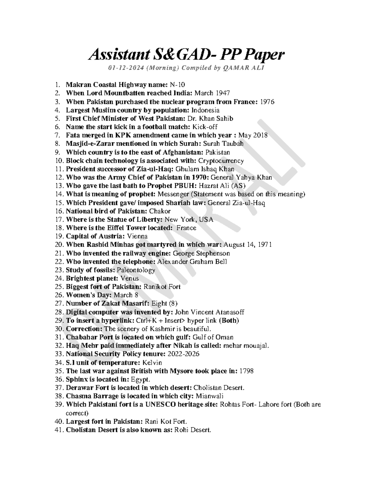 Assistant Morning batch 1-12-24 - Assistant S&GAD- PP Paper 01 - 12 ...