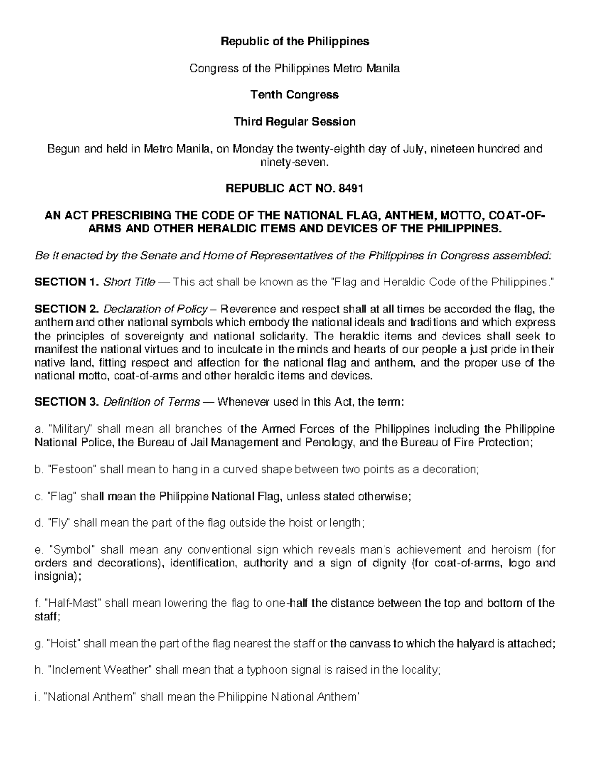 Republic Act No. 8491: Flag and Heraldic Code of the Philippines - Studocu