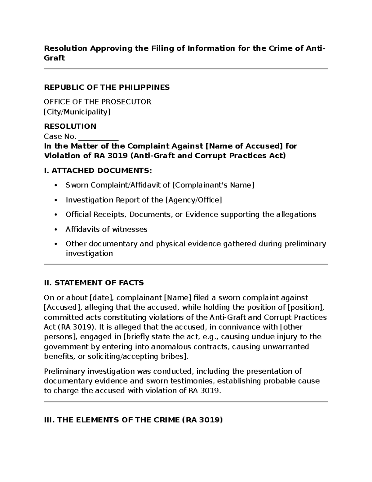 Resolution on Anti-Graft Complaint Filing (RA 3019) - Prosecutor's ...