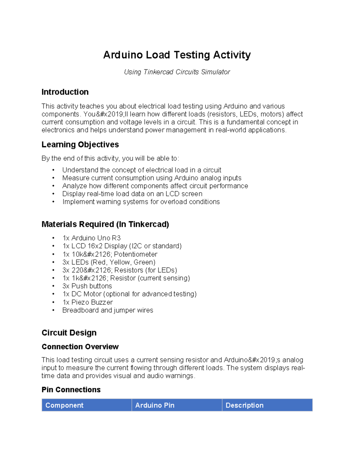 Arduino Load Testing Activity: Understanding Circuit Performance - Studocu