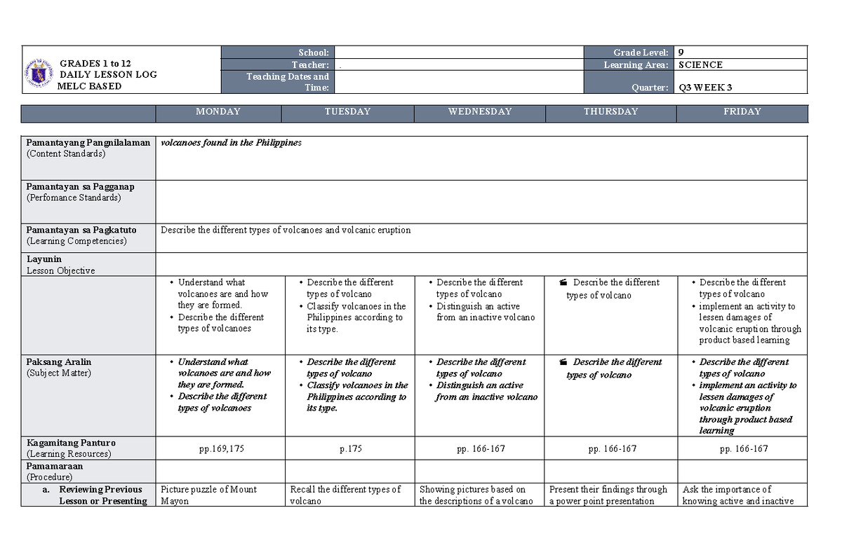 MELC Daily Lesson Log for SCI 9: Volcanoes in Q3 Week 1 - Studocu