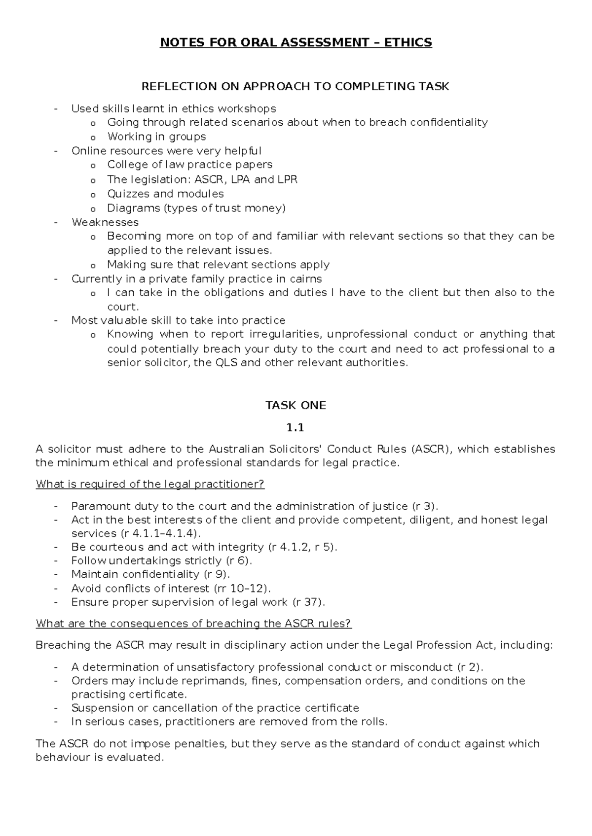 NOTES FOR ORAL ASSESSMENT: ETHICS REFLECTION & ASCR COMPLIANCE - Studocu
