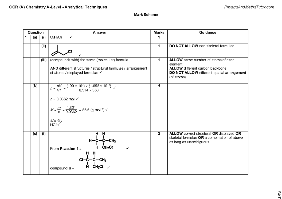 OCR (A) Chemistry Analytical Techniques Mark Scheme Analysis - Studocu