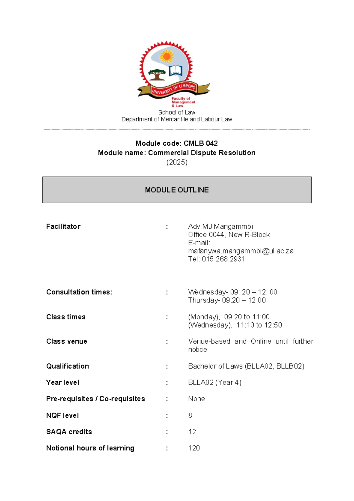 CMLB 042 Commercial Dispute Resolution Module Outline (2025) - Studocu