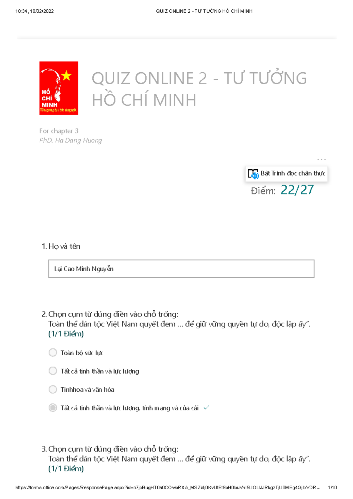 QUIZ 2 - Tư tưởng Hồ Chí Minh: Các câu hỏi chính và đáp án - Document Preview