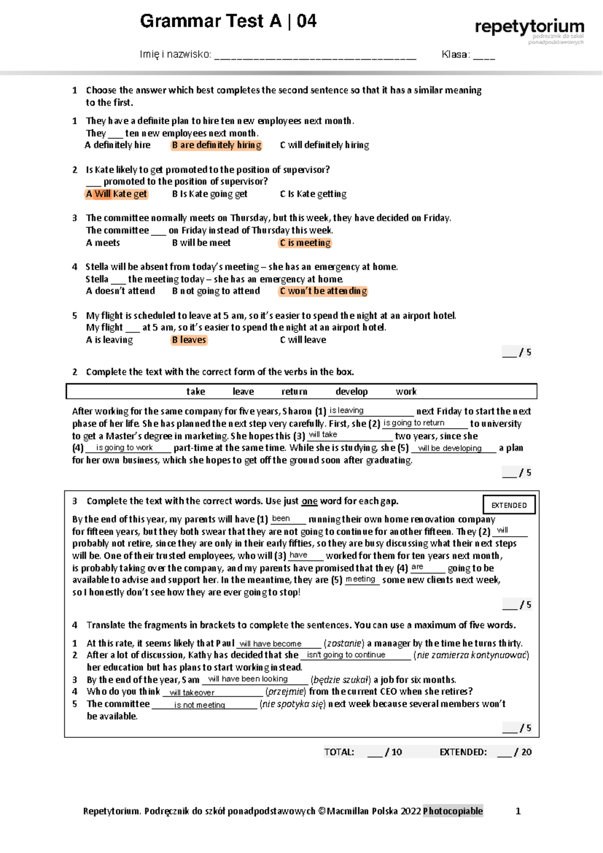 Grammar Test 4A: Complete the Sentences and Verb Forms - Studocu