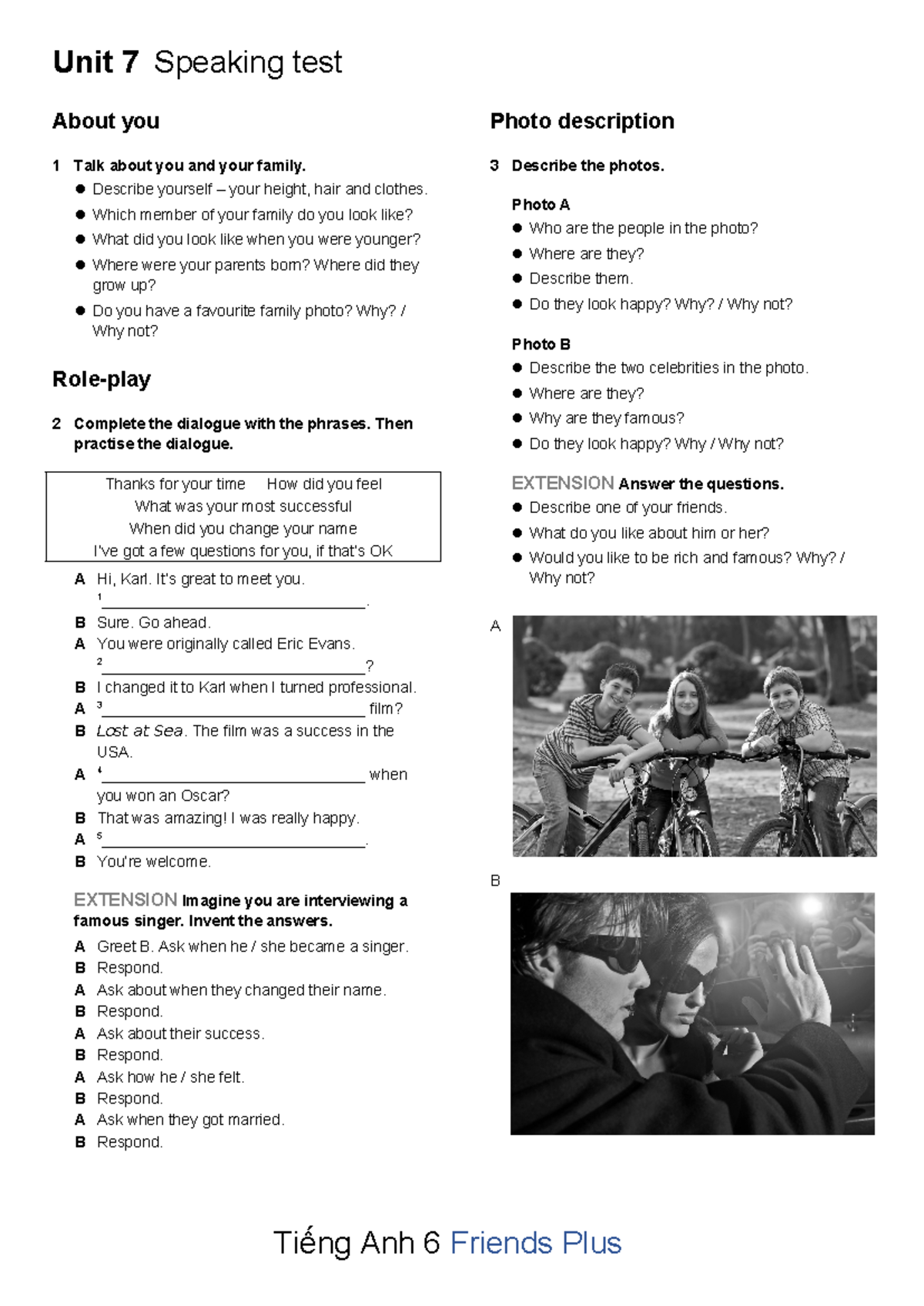 Anh 6 friend plus UNIT TEST-UNIT 7- Speaking TEST - Unit 7 Speaking ...