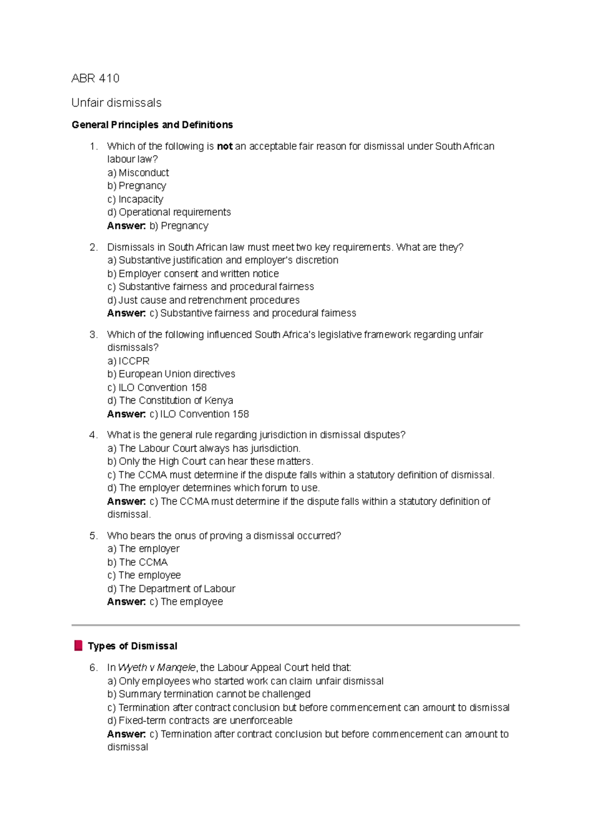 ABR 410 Final Exam Study Guide: Unfair Dismissals Principles - Studocu
