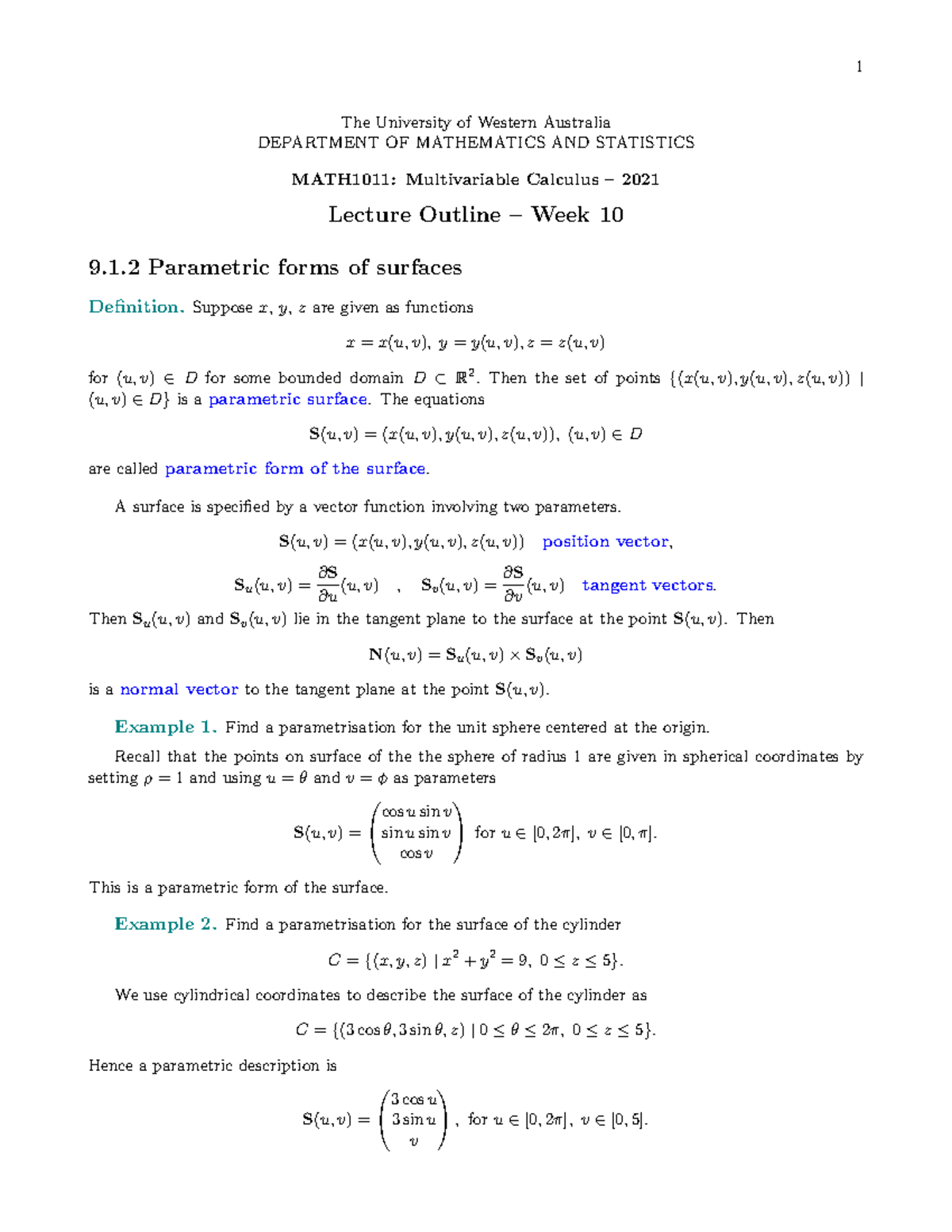 2021 MATH1011 Week 10 Lecture Notes Multivariable Calculus - The ...