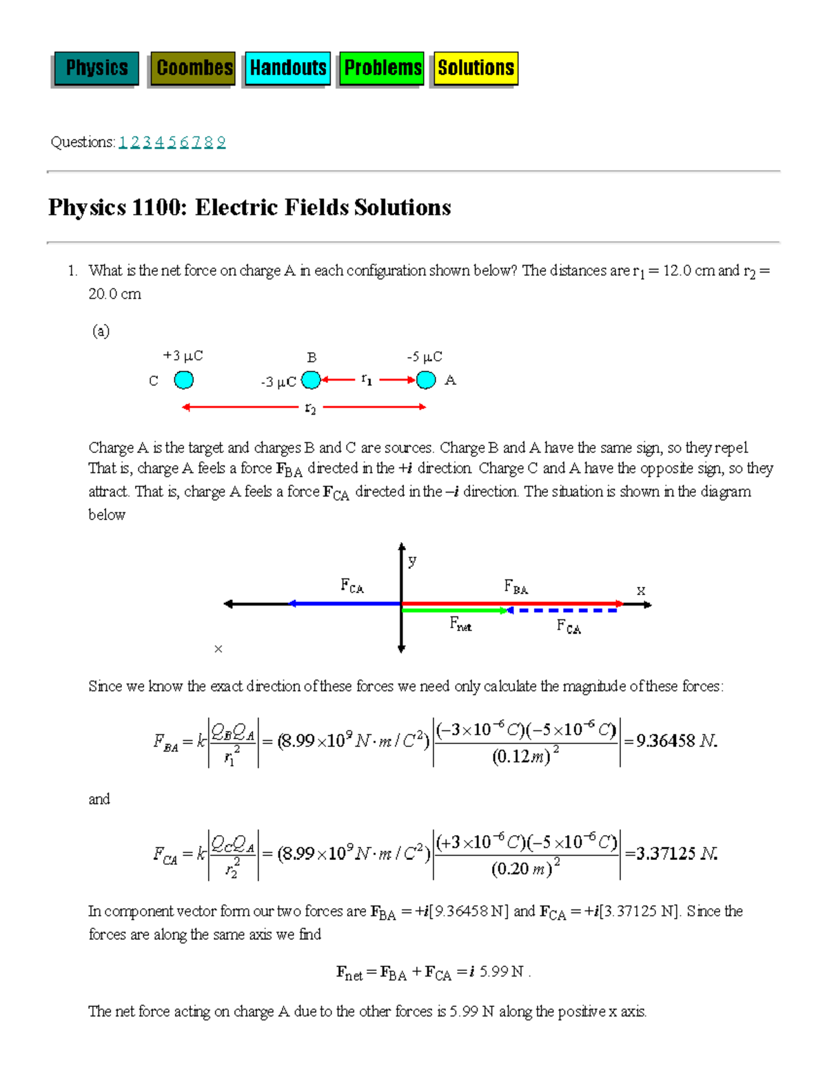 PHYS 1100 Electric Fields Solutions - Questions: 123456789 Physics 1100 ...
