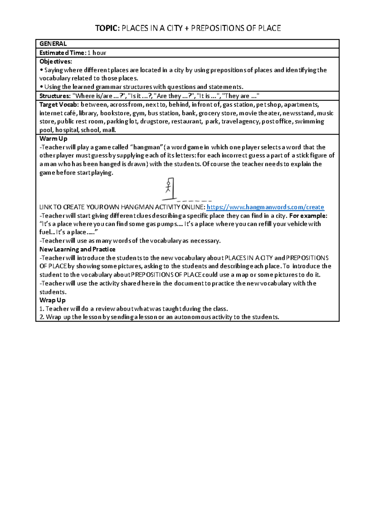 Vocabulary and Prepositions of Place in a City Lesson Plan - Studocu