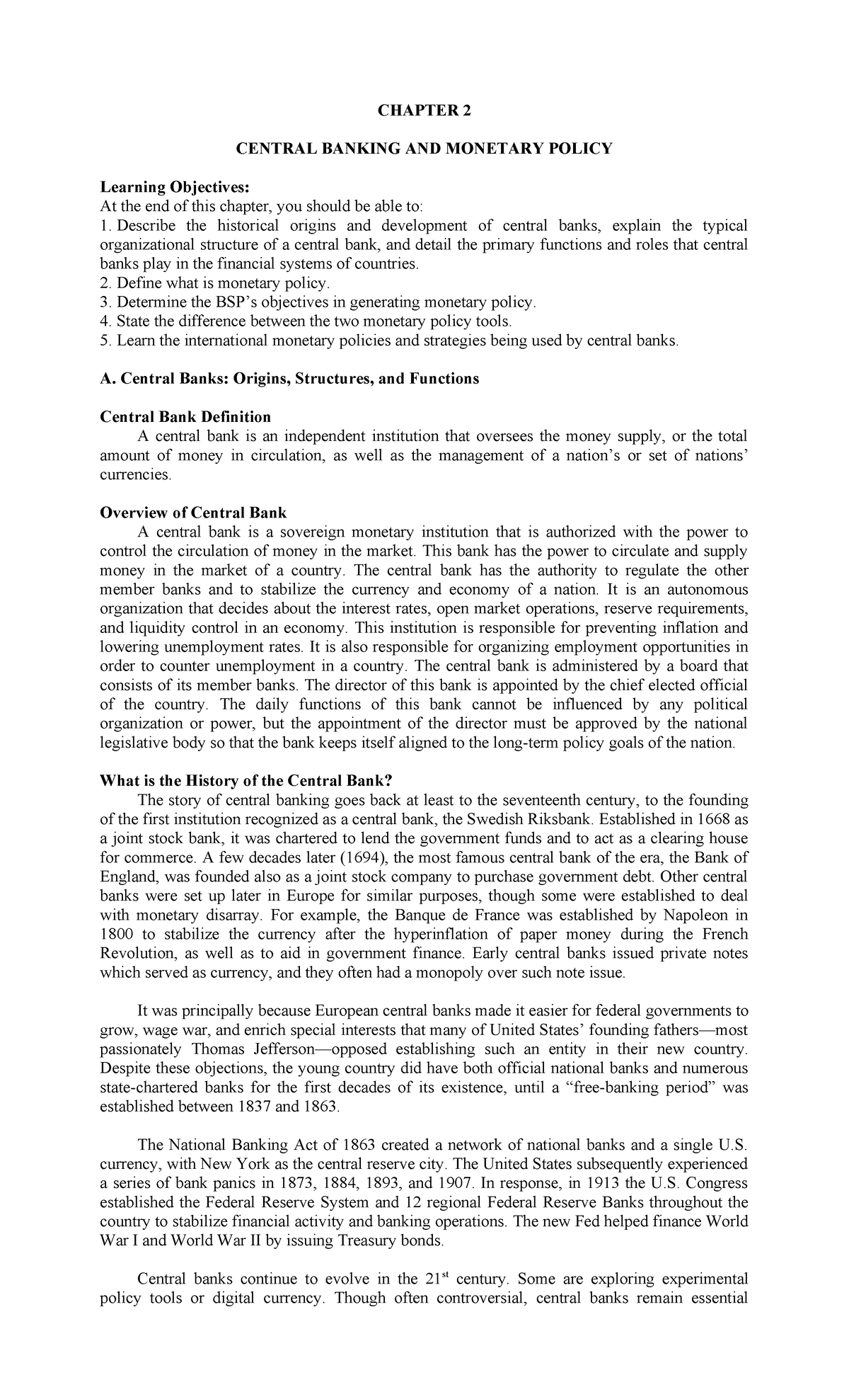CHAPTER 2: CENTRAL BANKING & MONETARY POLICY Overview and Key Concepts ...