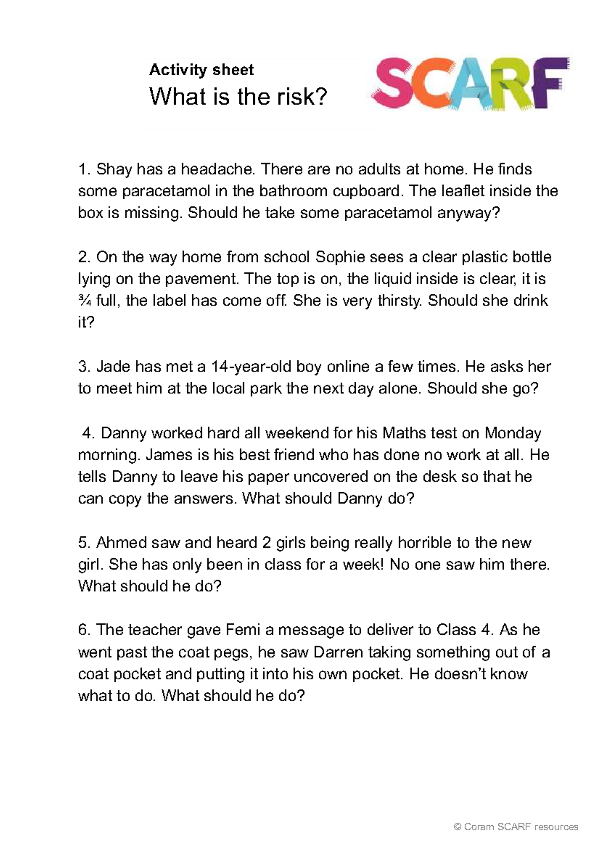 Y5 Activity Sheet: What is the Risk? Scenarios & Decisions - Studocu