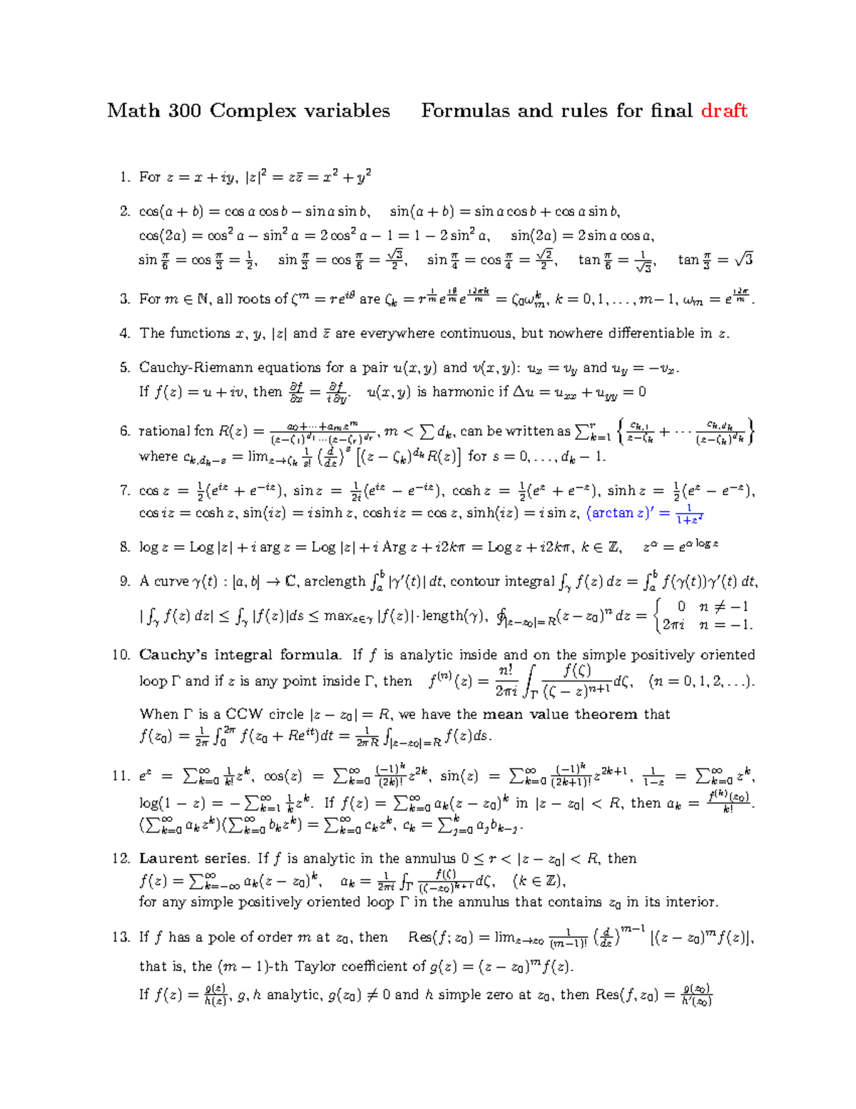 Math 300 Final Exam Formula Sheet for Complex Variables - Studocu
