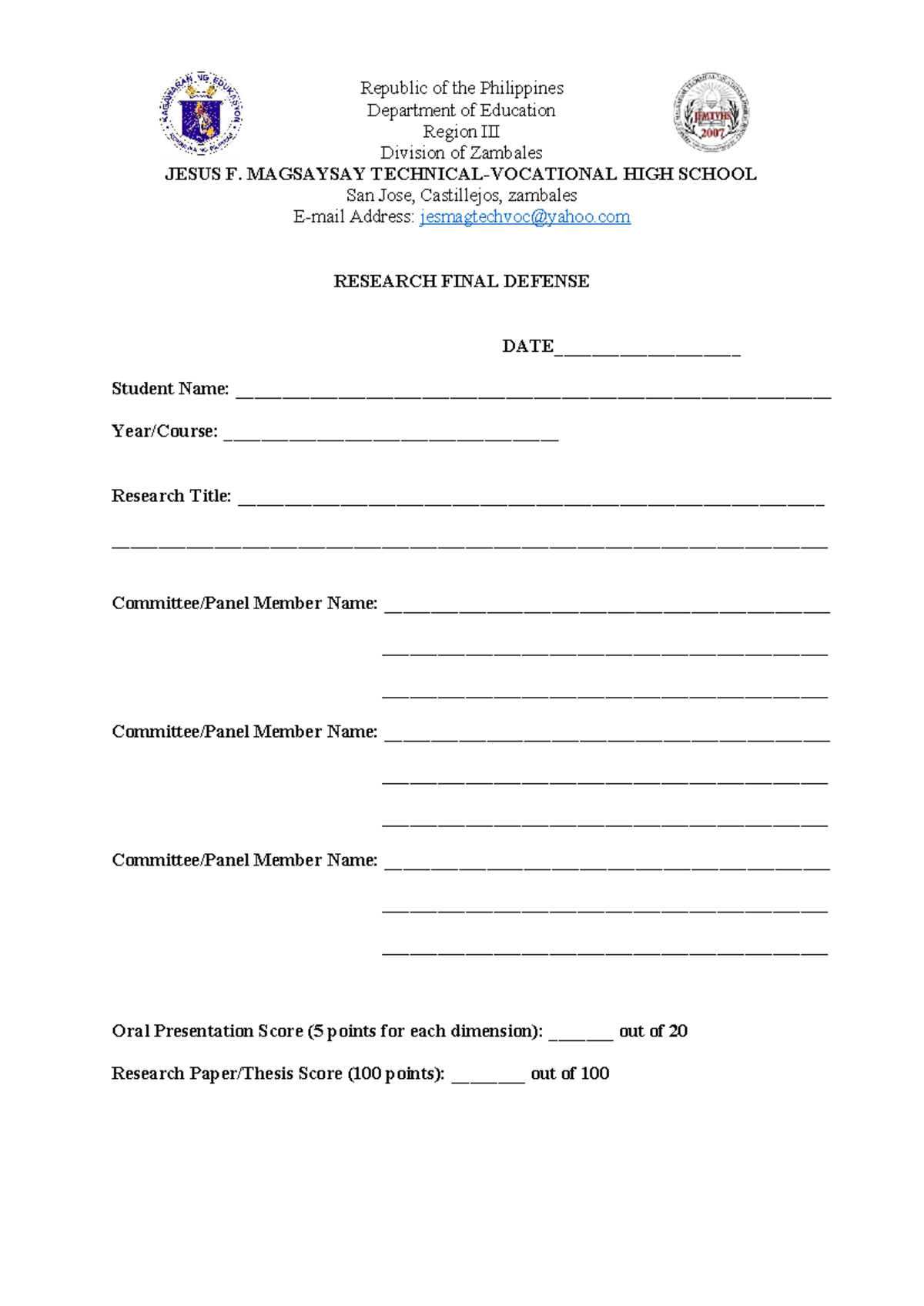SHS Research Final Defense Rubric: Evaluation Criteria and Scoring ...