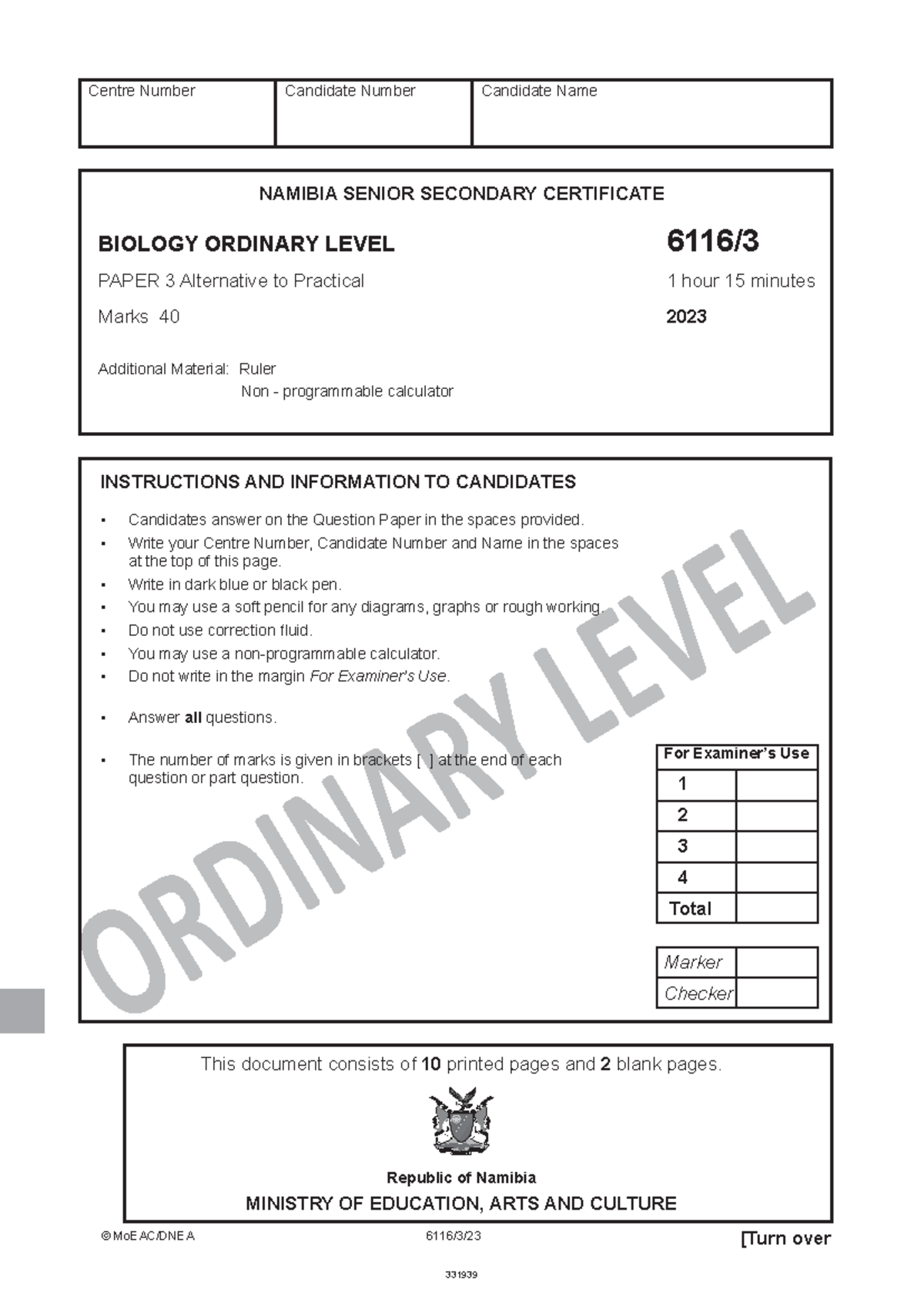 Ordinary Level Biology Paper 3 6116 3 Practical Exam 2023 Studocu