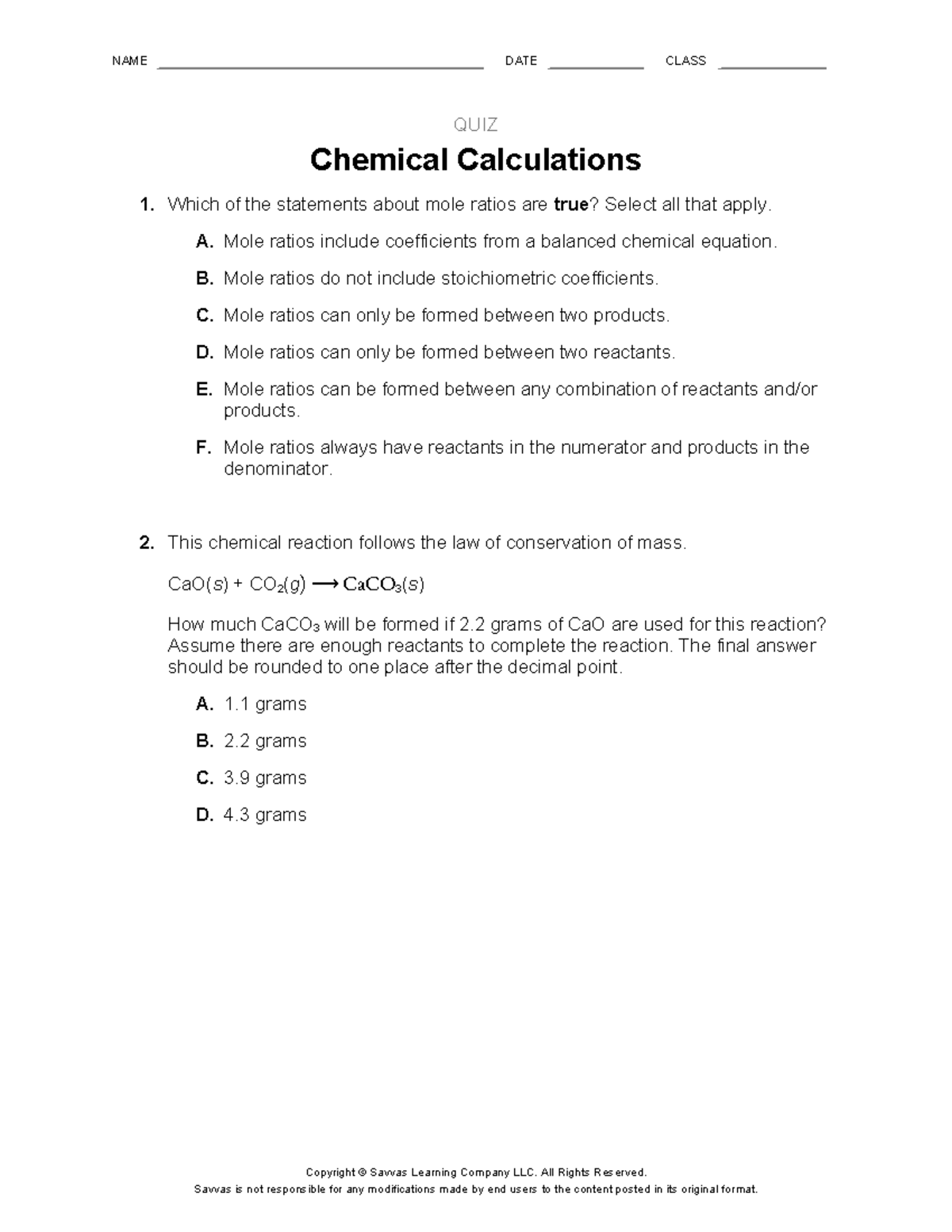 CHEM21 ST 02 LE Quiz - Chemical Calculations and Mole Ratios - Studocu