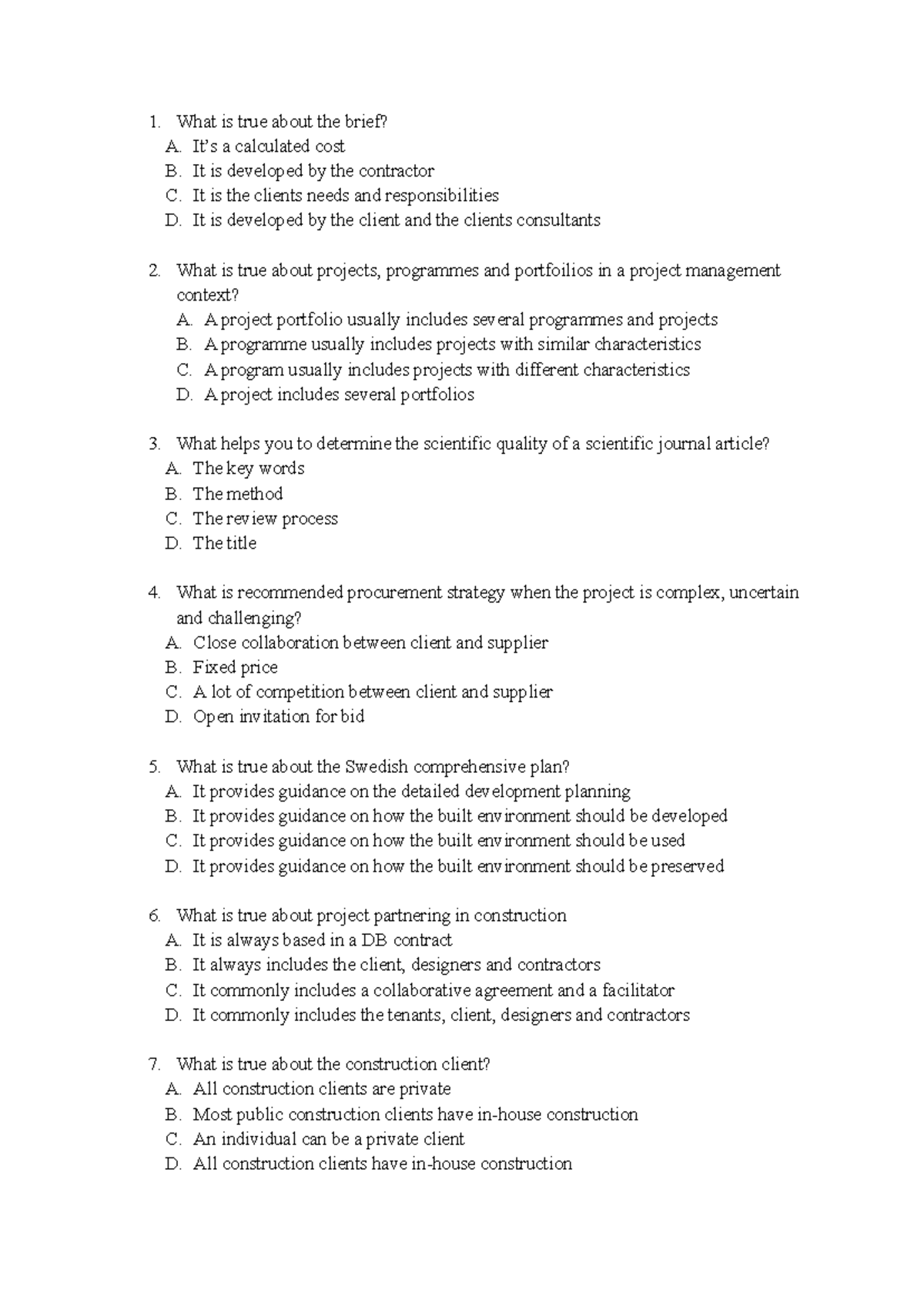 Quiz on Project Management Concepts and Construction Clients - Studocu