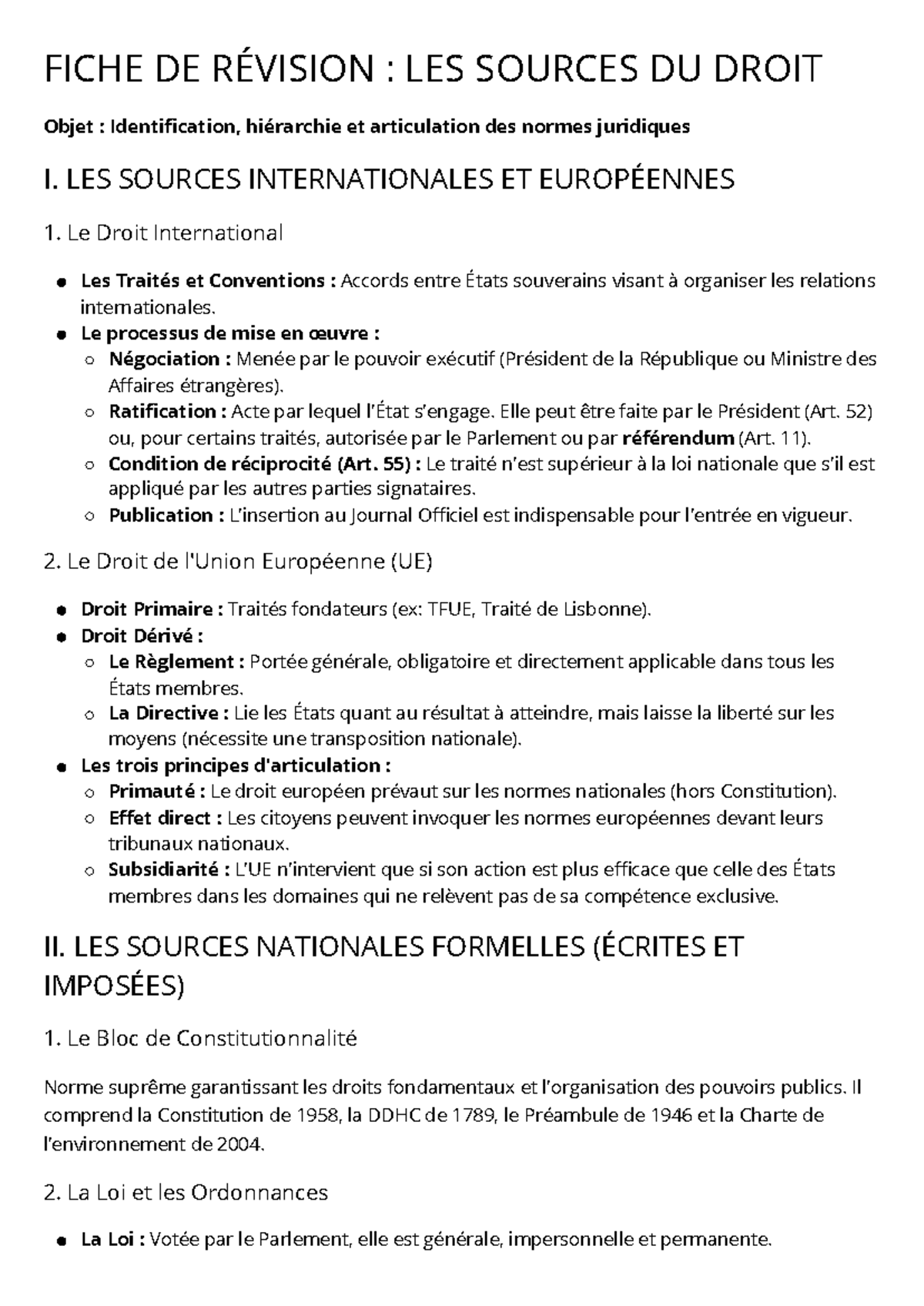 FICHE DE RÉVISION : SOURCES DU DROIT (DROIT 101) - Studocu