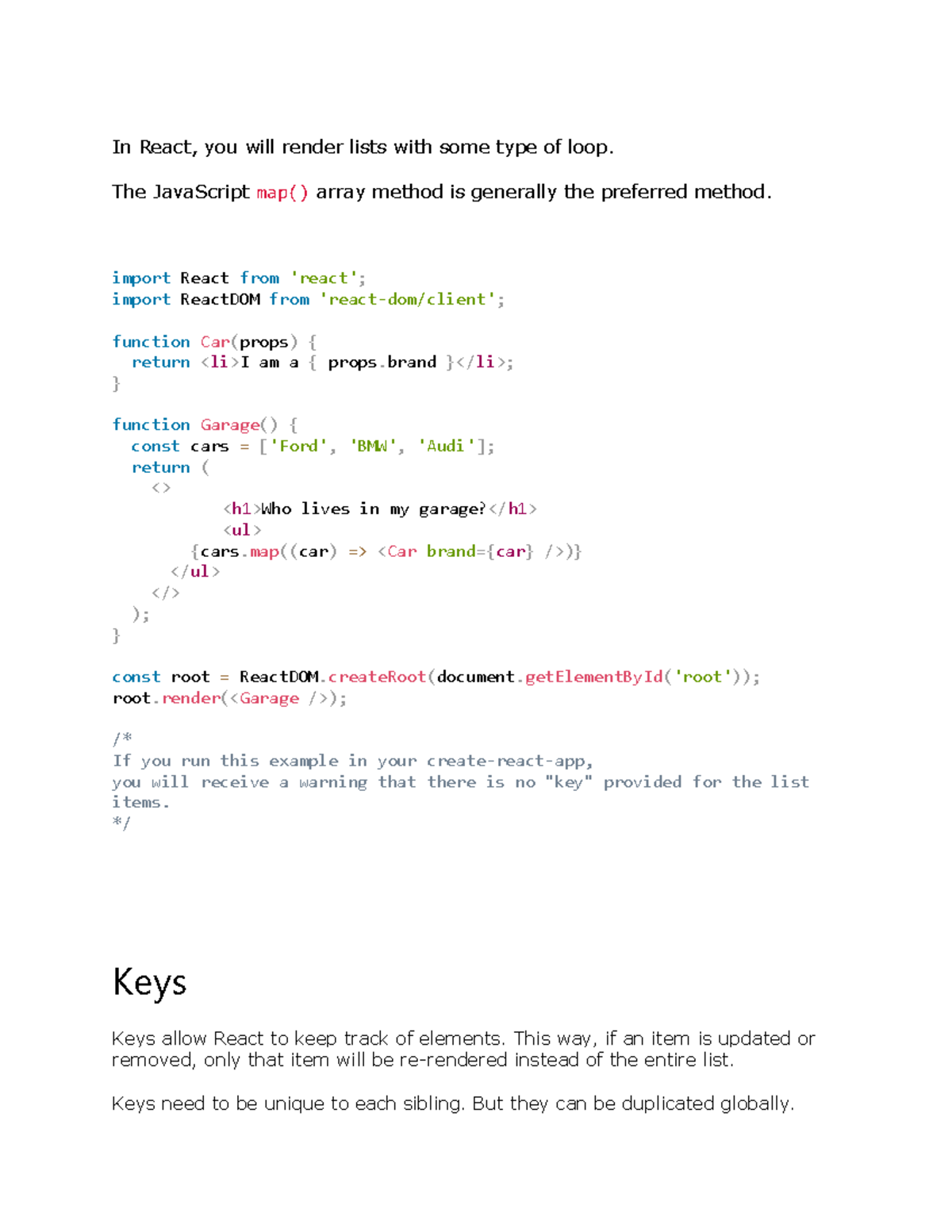 React list and key - Lecture Notes - In React, you will render lists ...