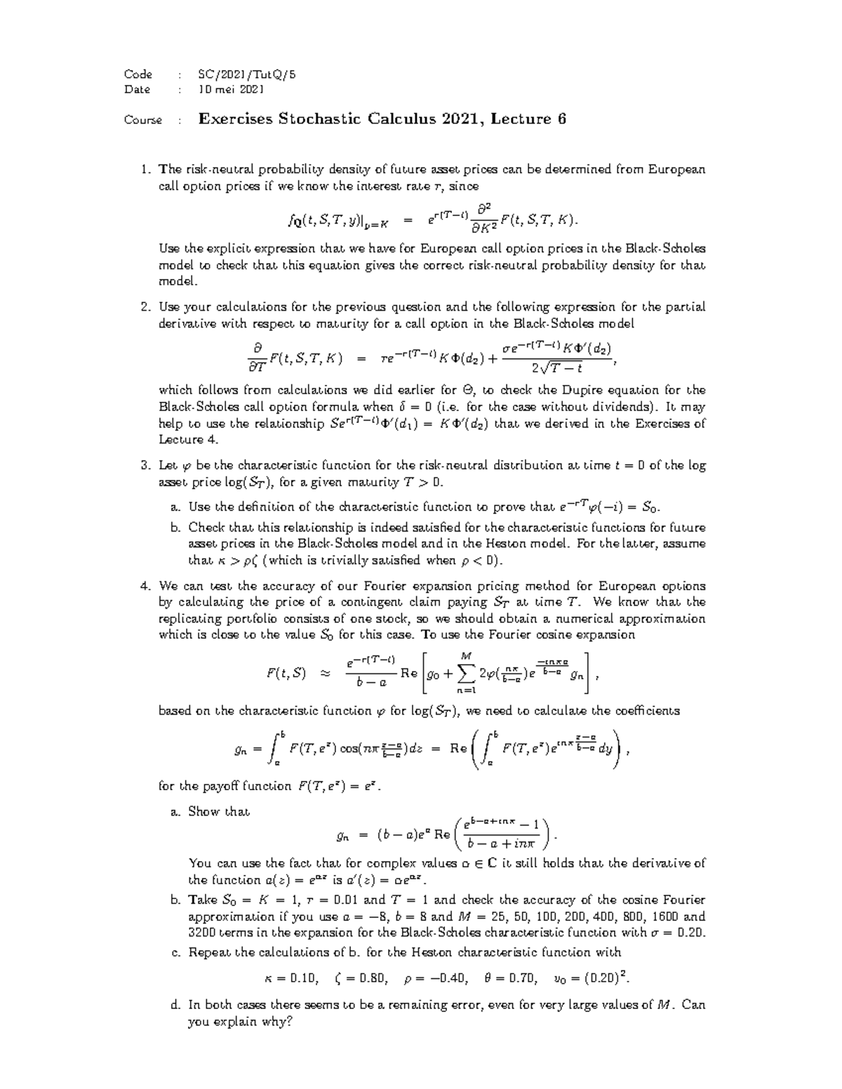 SC2021 Exercises - Stochastic Calculus Lecture 6 Notes - Studeersnel