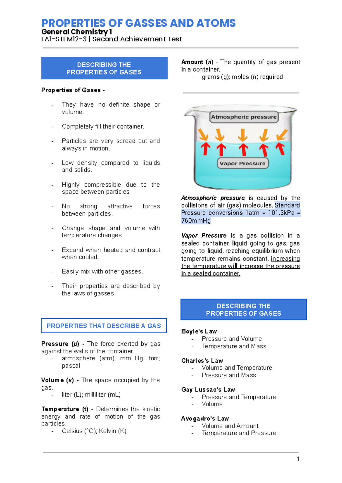 Chemistry Reviewer - PROPERTIES OF GASSES AND ATOMS General Chemistry 1 ...