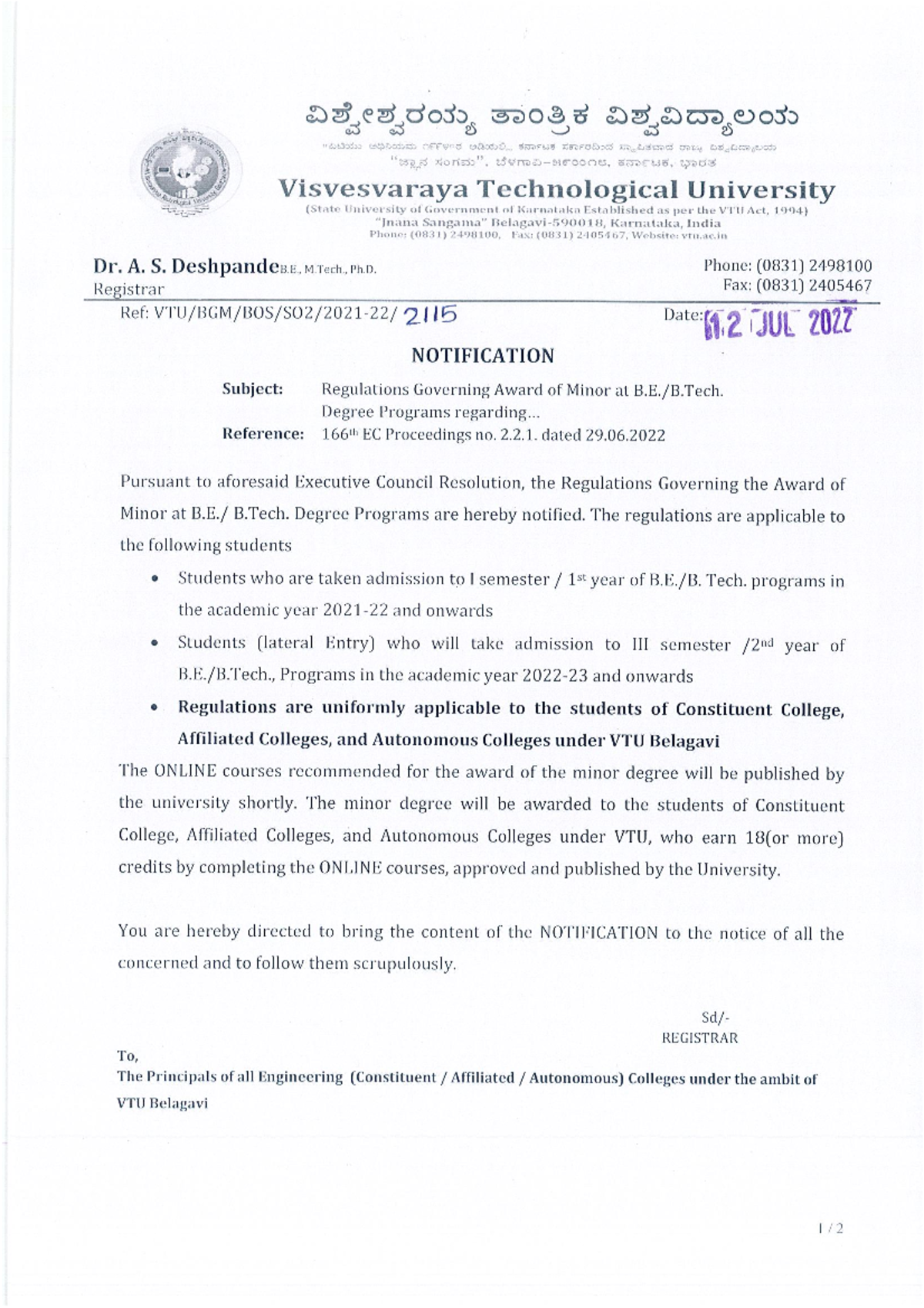 Notification Minor Regulations 1 - Office of the Academic Section ...