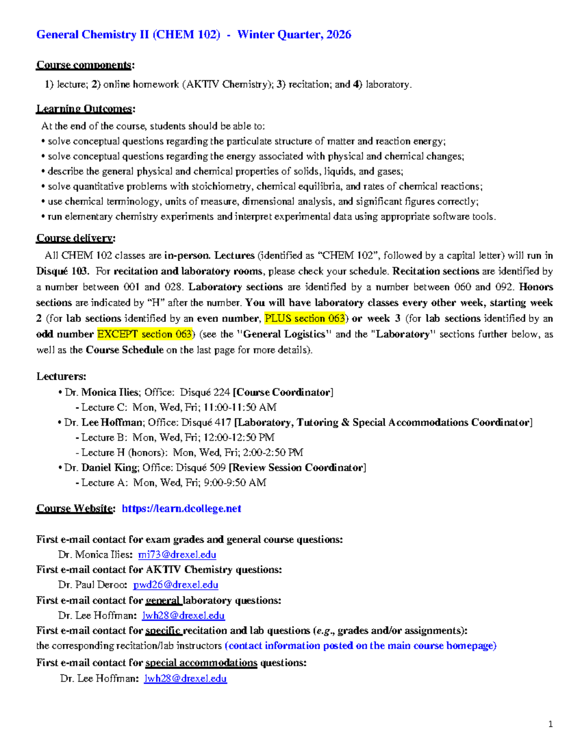 CHEM 102 Syllabus: General Chemistry II Winter 2026 Overview - Studocu