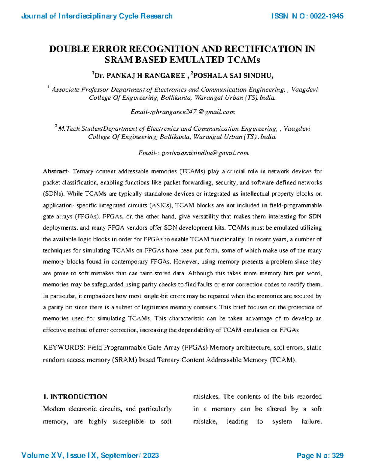 Double Error Recognition and Correction in SRAM Emulated TCAMs - Studocu
